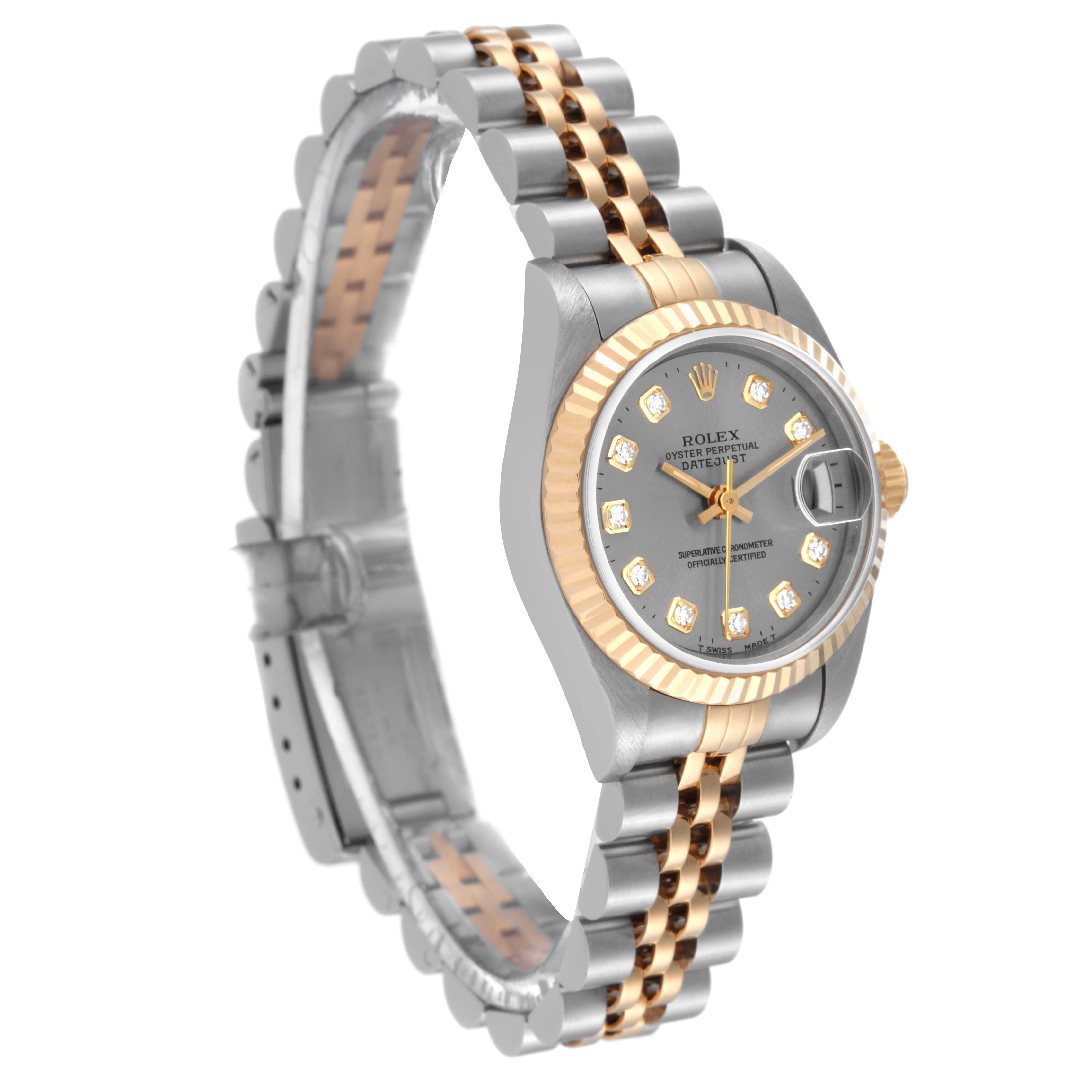 The image shows a side angle view of a Rolex Datejust 69173 Women's Steel and Gold (two tone) Grey Dial 69173 Women's Steel and Gold (two tone) Grey Dial watch, highlighting its two-tone bracelet and diamond-studded dial.