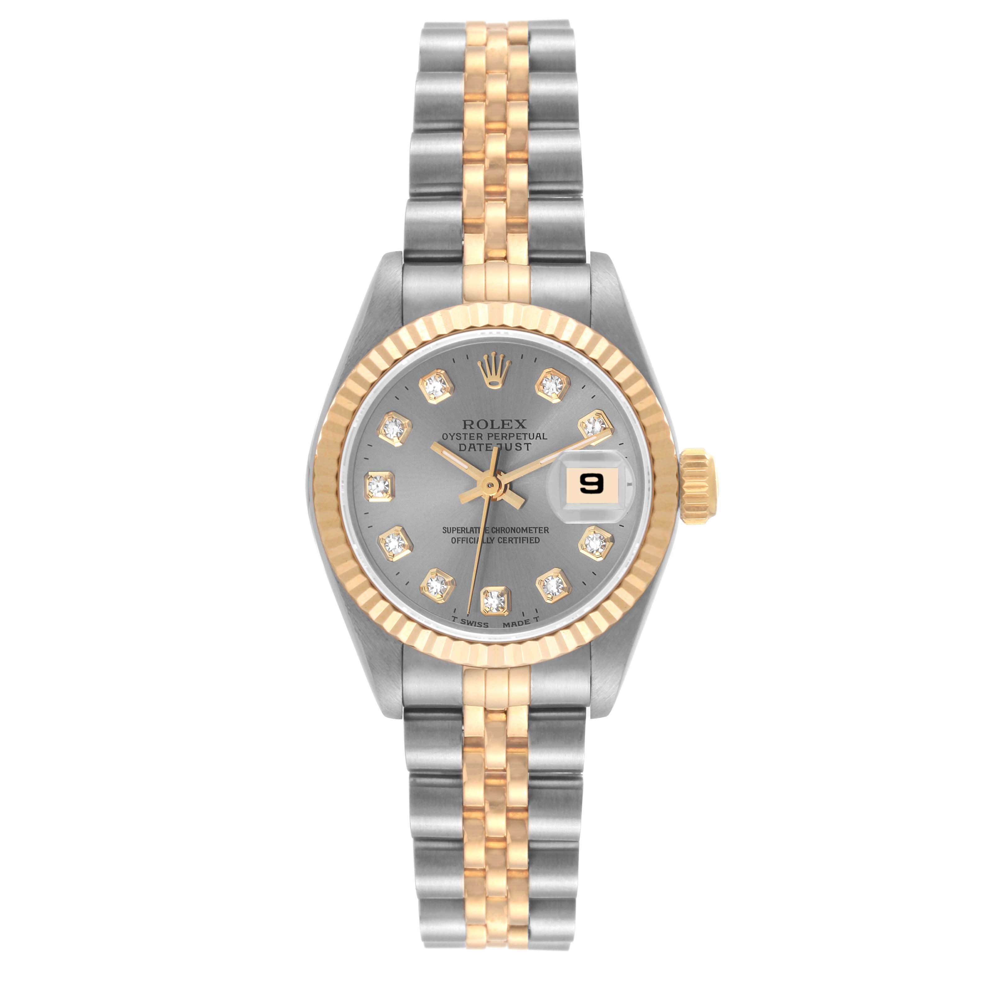 This image shows a Rolex Datejust 69173 Women's Steel and Gold (two tone) Grey Dial 69173 Women's Steel and Gold (two tone) Grey Dial watch from the front, displaying the dial, bezel, bracelet, and date function.