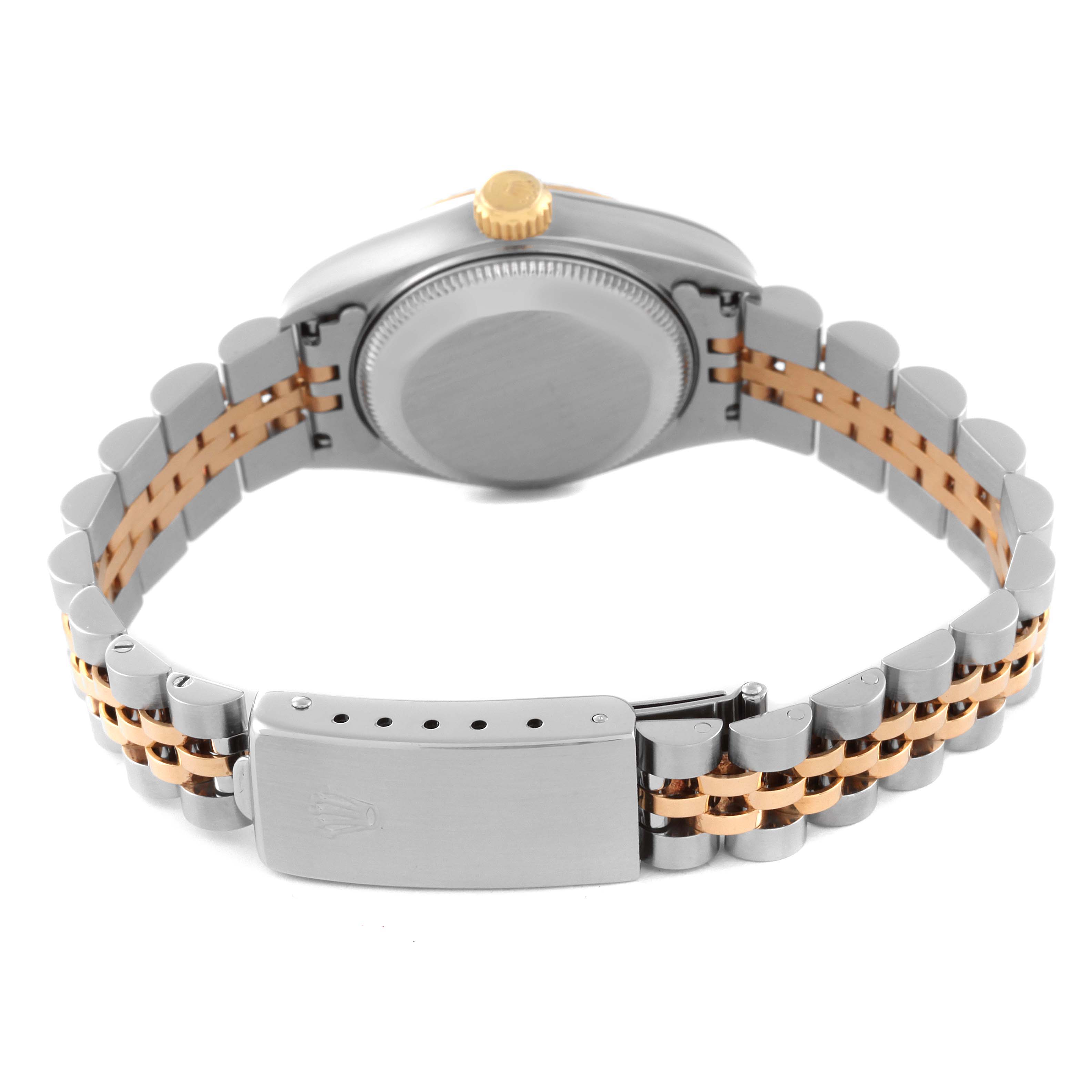 The image shows the back view of the Rolex Datejust 69173 Women's Steel and Gold (two tone) Grey Dial 69173 Women's Steel and Gold (two tone) Grey Dial watch, emphasizing the case back and the two-tone bracelet with the clasp.