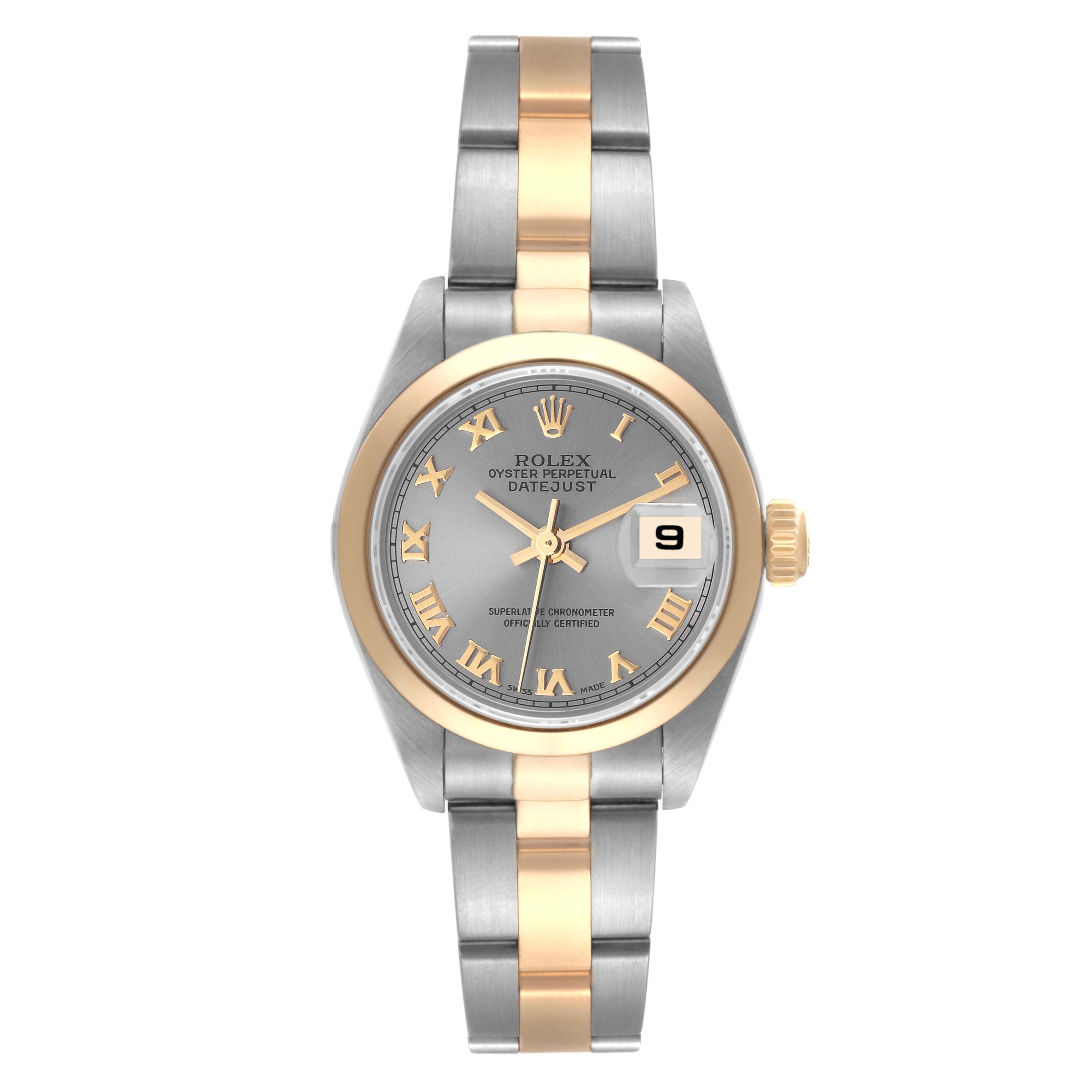 This Rolex Datejust 79163 Women's Steel and Gold (two tone) Grey Dial 79163 Women's Steel and Gold (two tone) Grey Dial watch is shown from a front angle, highlighting its gray dial, gold and silver bracelet, and date display.