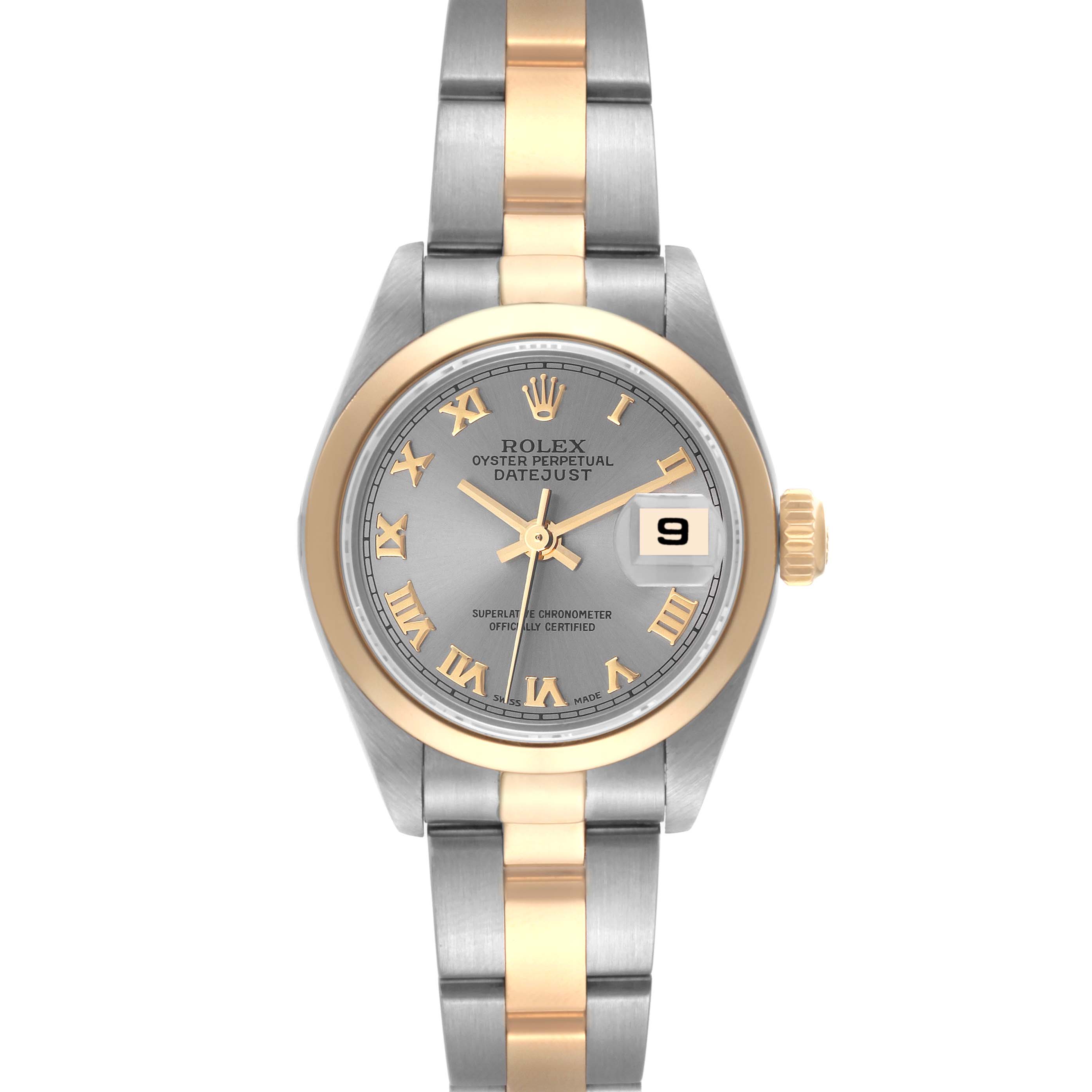 The image shows a front view of a Rolex Datejust 79163 Women's Steel and Gold (two tone) Grey Dial 79163 Women's Steel and Gold (two tone) Grey Dial watch, highlighting its dial, bezel, and two-tone bracelet.