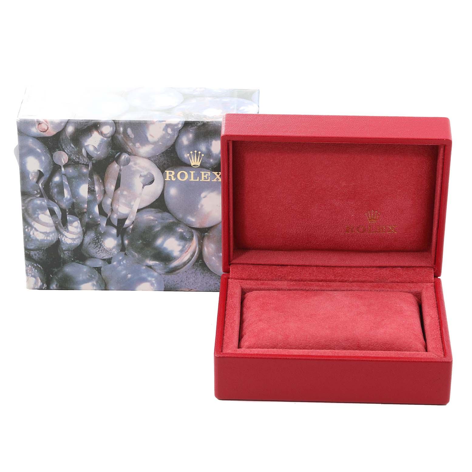 The image shows a red Rolex Datejust 79163 Women's Steel and Gold (two tone) Grey Dial 79163 Women's Steel and Gold (two tone) Grey Dial watch box with the interior and exterior packaging.