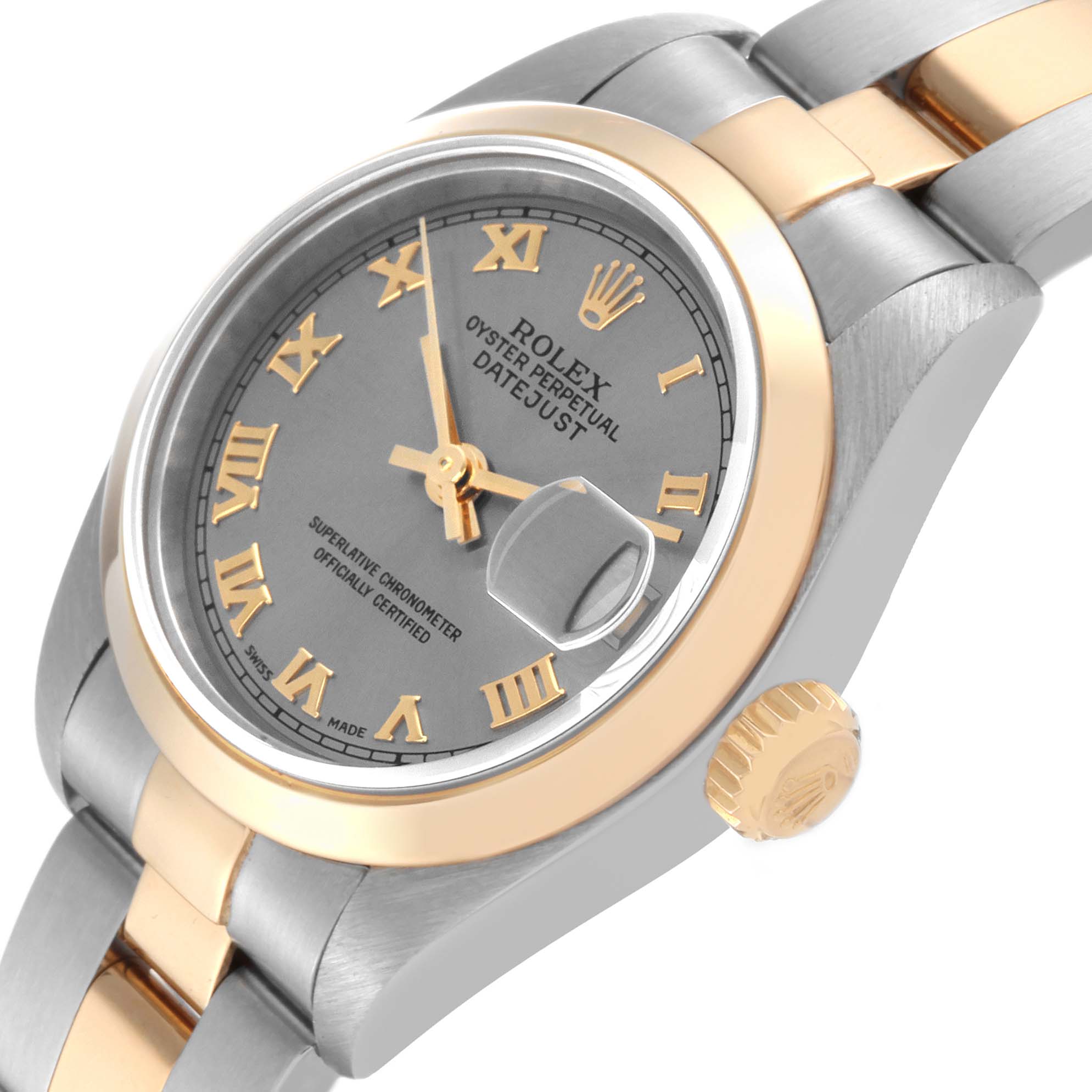 The image shows a close-up of the Rolex Datejust 79163 Women's Steel and Gold (two tone) Grey Dial 79163 Women's Steel and Gold (two tone) Grey Dial watch, highlighting the dial, bezel, crown, and part of the bracelet.