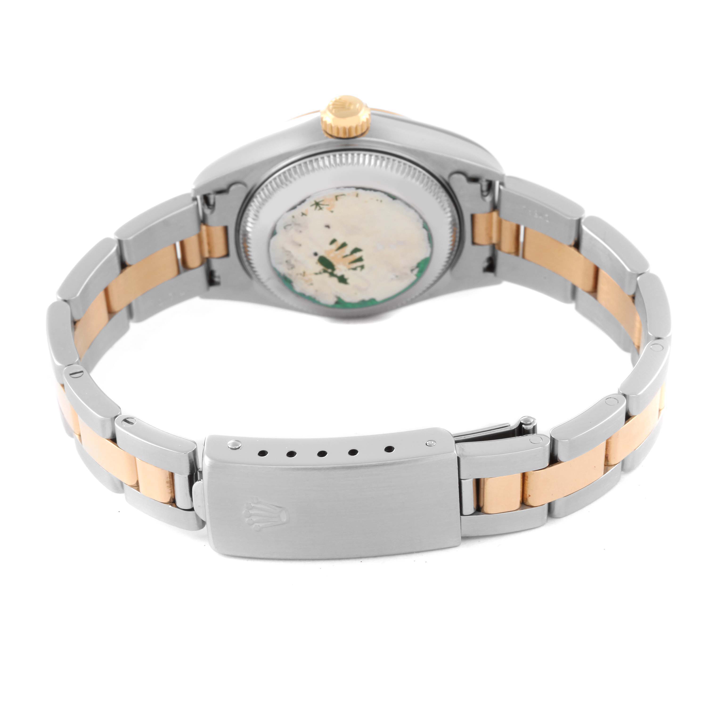 The image shows the back view of the Rolex Datejust 79163 Women's Steel and Gold (two tone) Grey Dial 79163 Women's Steel and Gold (two tone) Grey Dial watch, highlighting its two-tone bracelet and clasp.