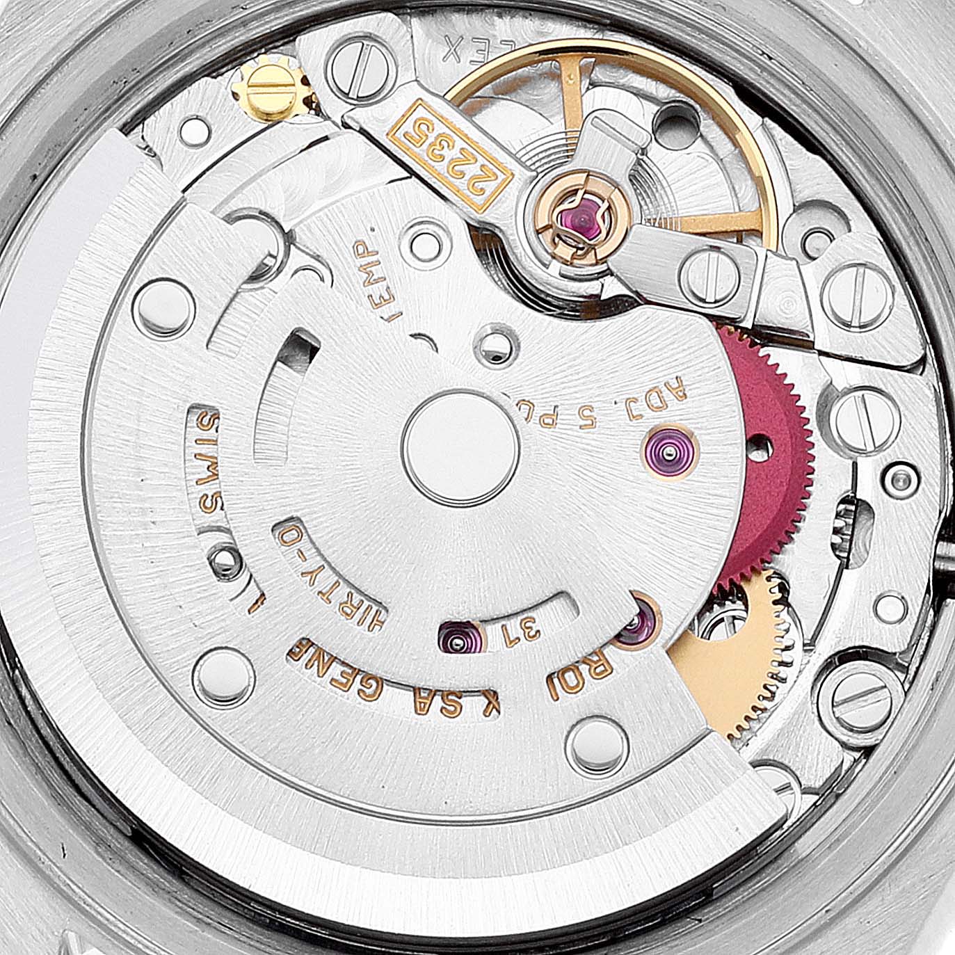 This is a close-up view of the movement mechanism inside a Rolex Datejust 79163 Women's Steel and Gold (two tone) Grey Dial 79163 Women's Steel and Gold (two tone) Grey Dial watch.