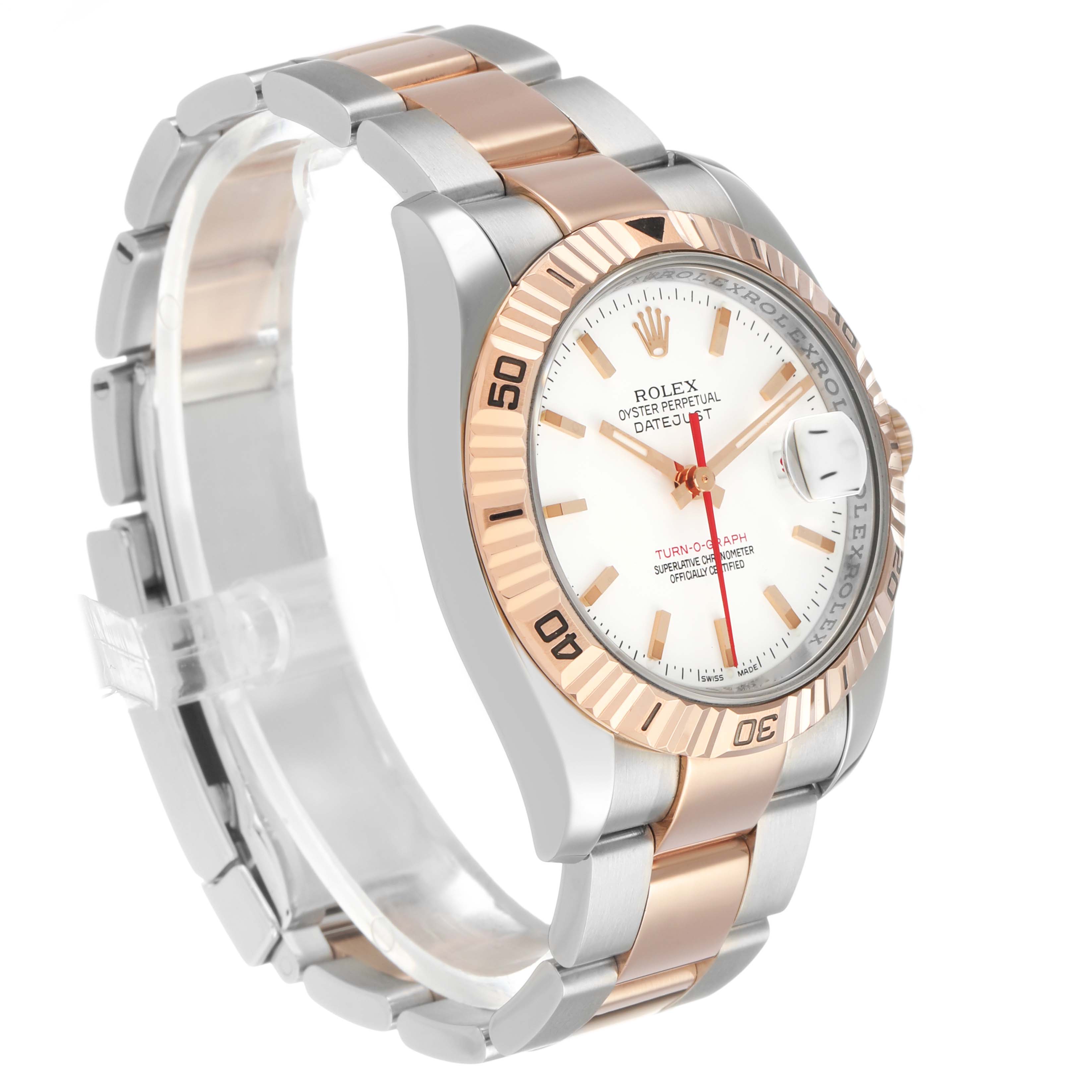 The Rolex Turn-o-Graph 116261 Men's Steel and Gold (two tone) White Dial watch is shown at a side angle, highlighting the bezel, dial, and two-tone bracelet.