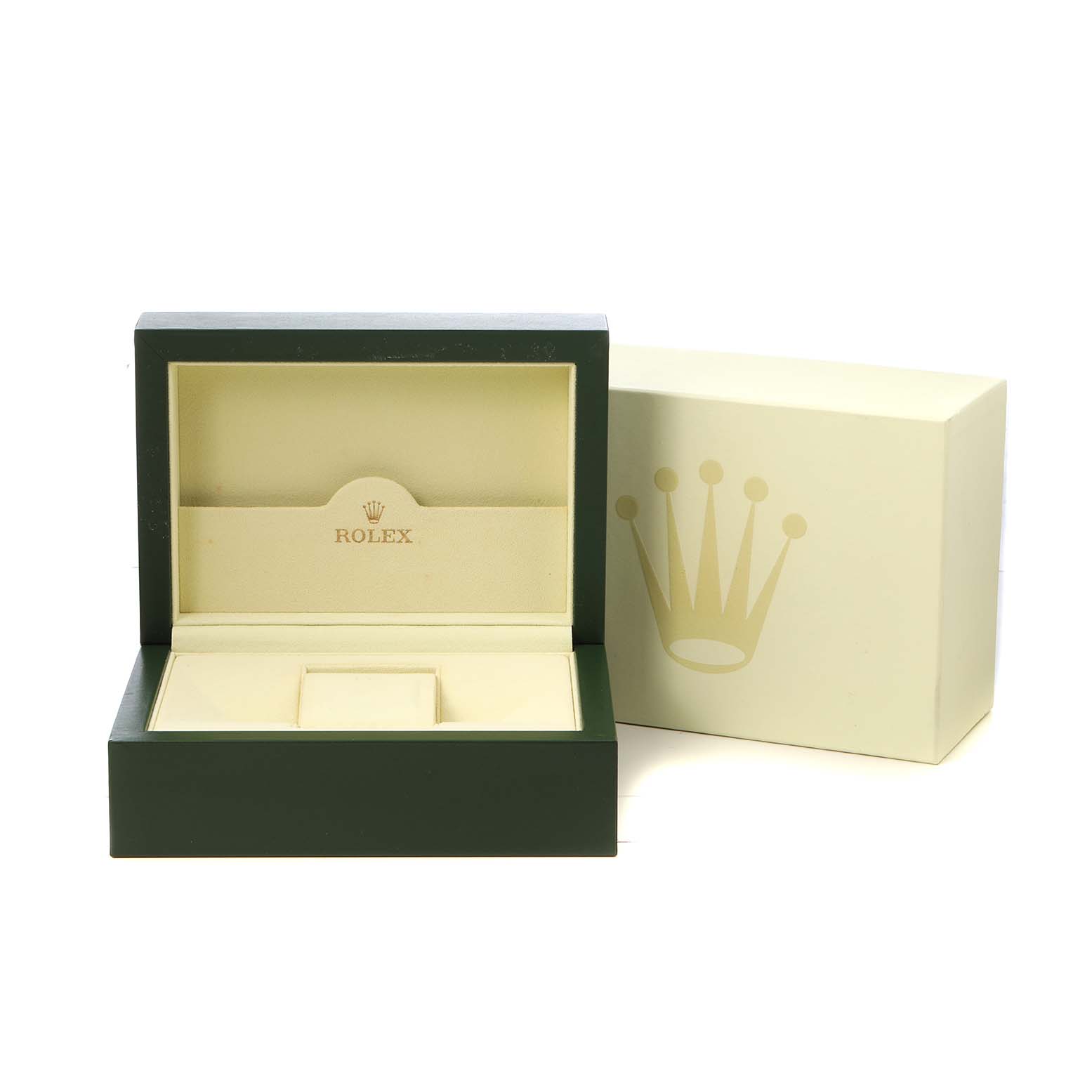 The image shows the open packaging for a Rolex Turn-o-Graph 116261 Men's Steel and Gold (two tone) White Dial watch at a front angle, highlighting the box and outer case.