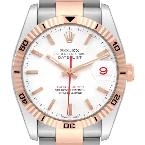 The Rolex Turn-o-Graph 116261 Men's Steel and Gold (two tone) White Dial watch is shown from a front angle, highlighting its rose gold bezel, white dial, and date feature at 3 o'clock.