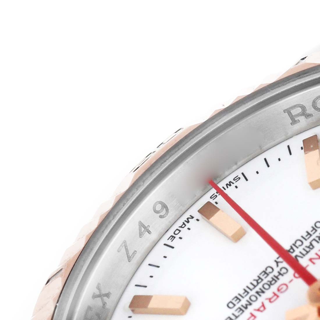 The image shows a close-up of the Turn-o-Graph Rolex watch's bezel, dial edge, and second hand at an angle.