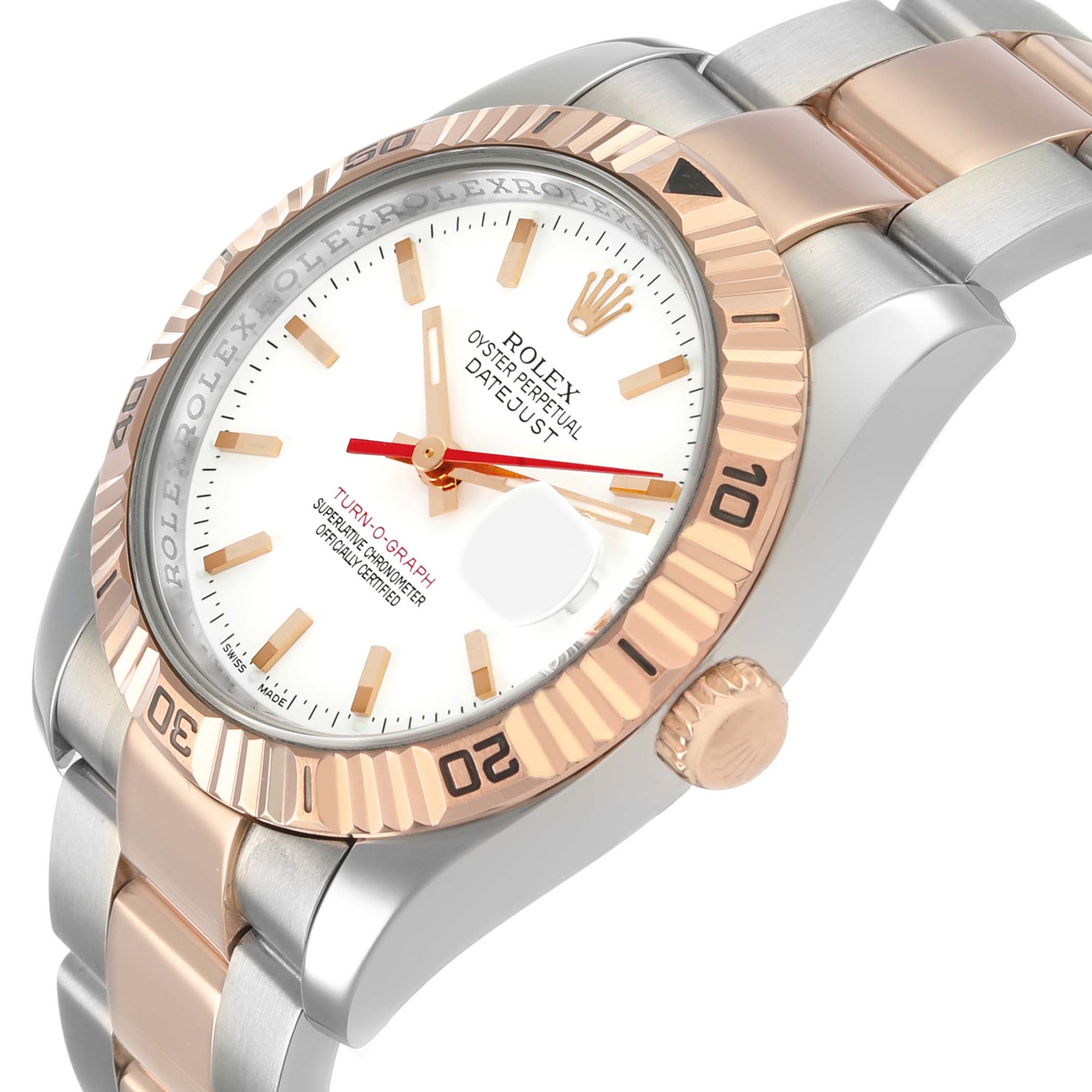 The Rolex Turn-o-Graph 116261 Men's Steel and Gold (two tone) White Dial watch is shown at an angled view, highlighting its bezel, crown, dial, and bracelet.