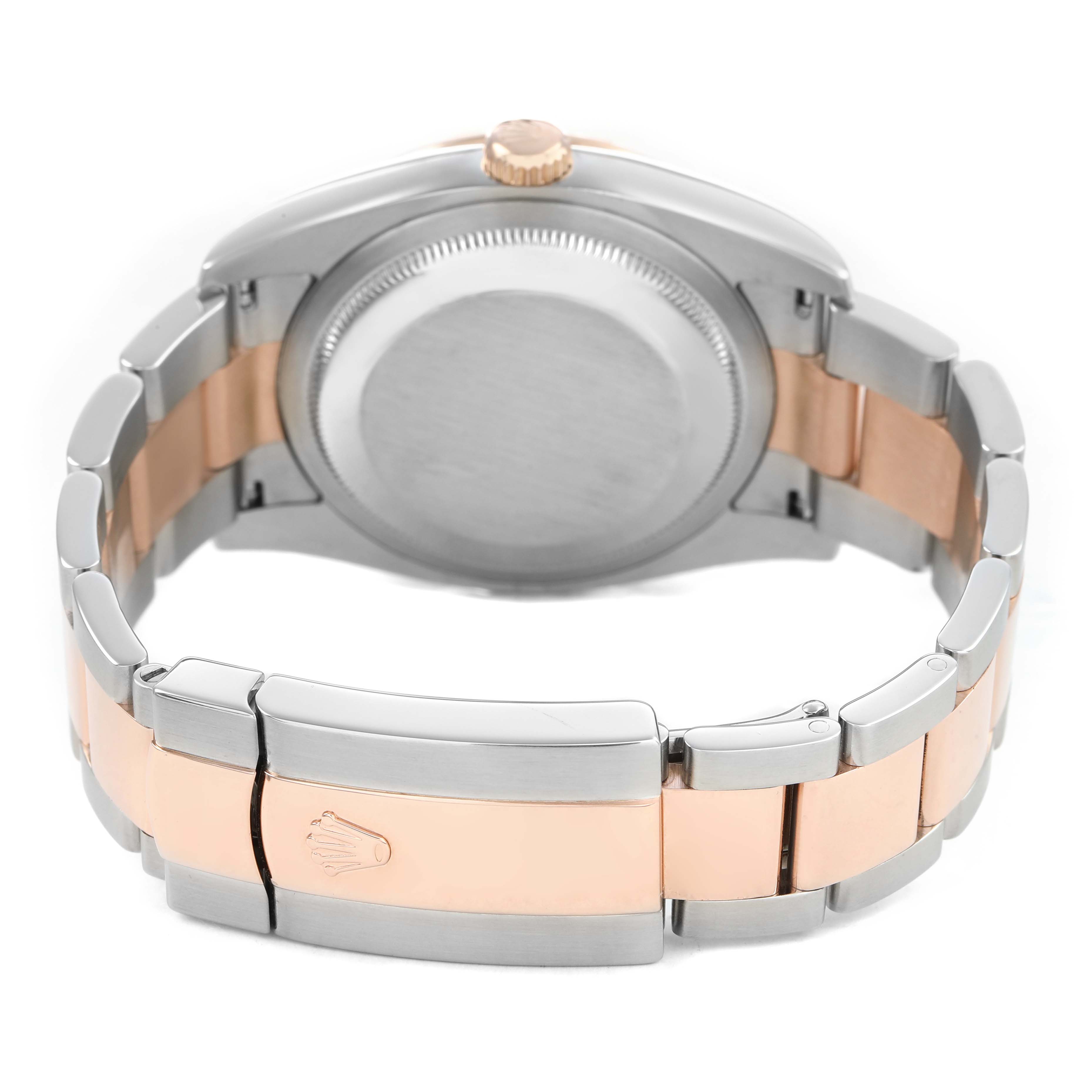 The Rolex Turn-o-Graph 116261 Men's Steel and Gold (two tone) White Dial watch is shown from the back, displaying the case back, crown, and two-tone bracelet with clasp.