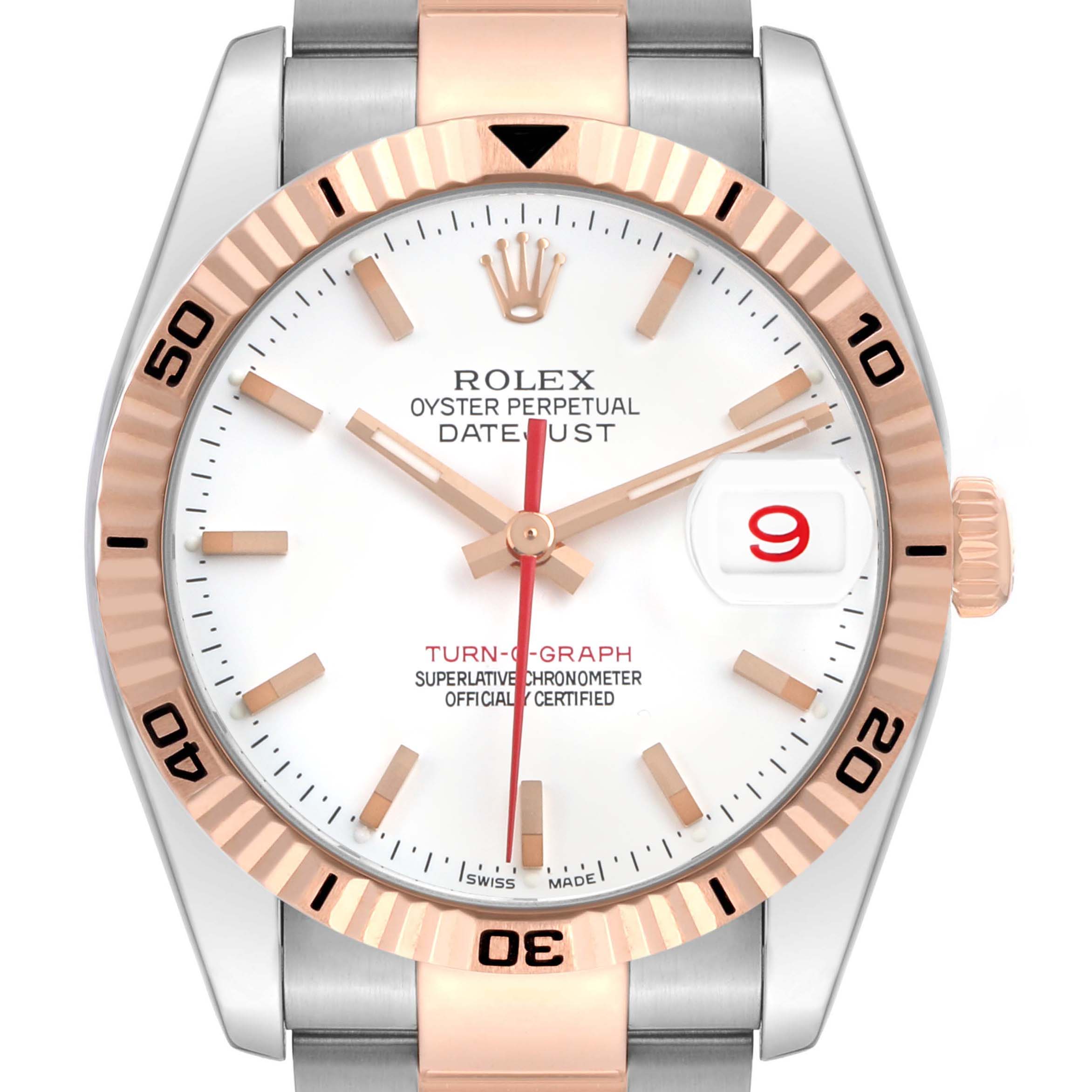 The Rolex Turn-o-Graph 116261 Men's Steel and Gold (two tone) White Dial watch is shown from a front angle, displaying the dial, bezel, hands, bracelet, and date window.