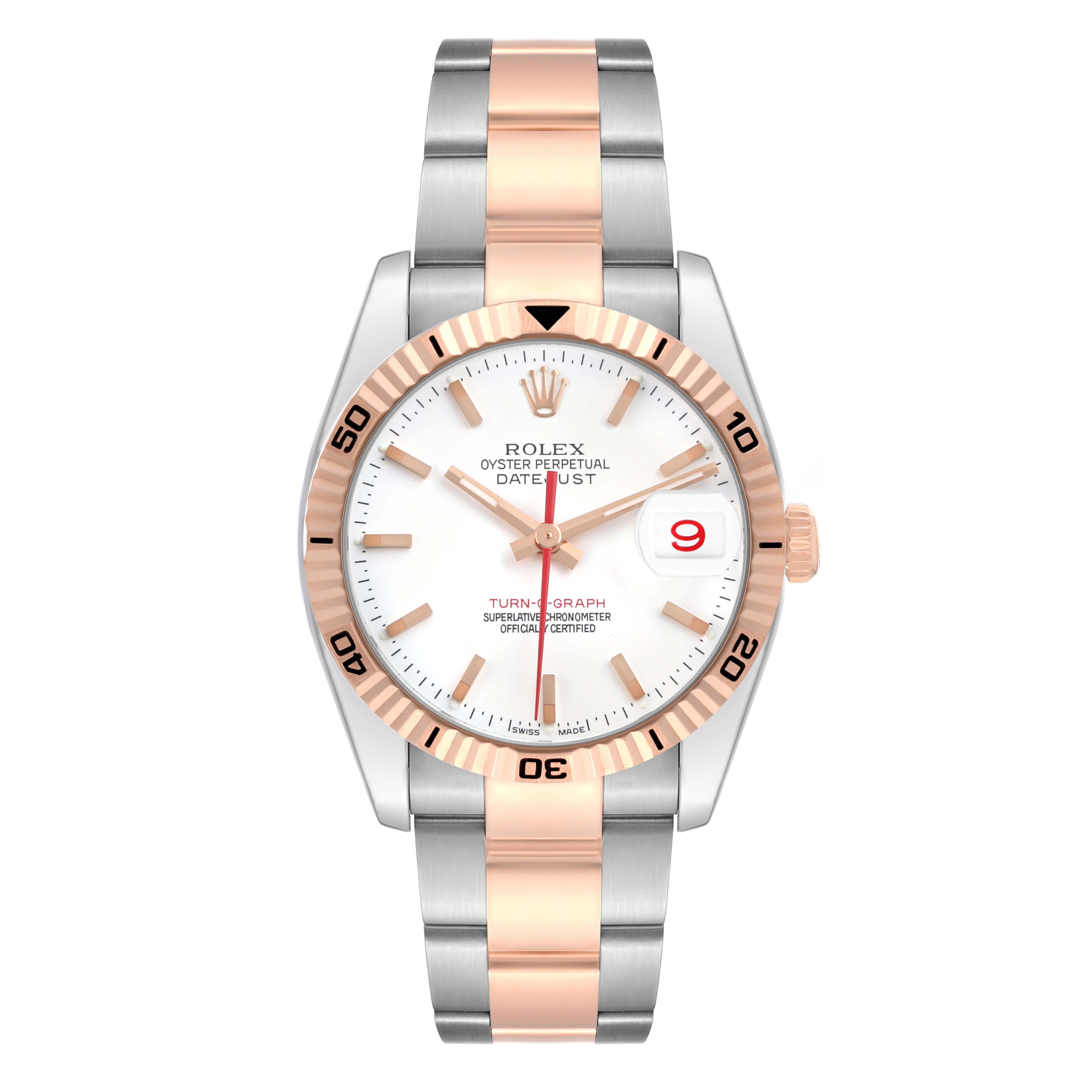 The Rolex Turn-o-Graph 116261 Men's Steel and Gold (two tone) White Dial watch is shown from a front angle, highlighting its dial, bezel, and two-tone bracelet.