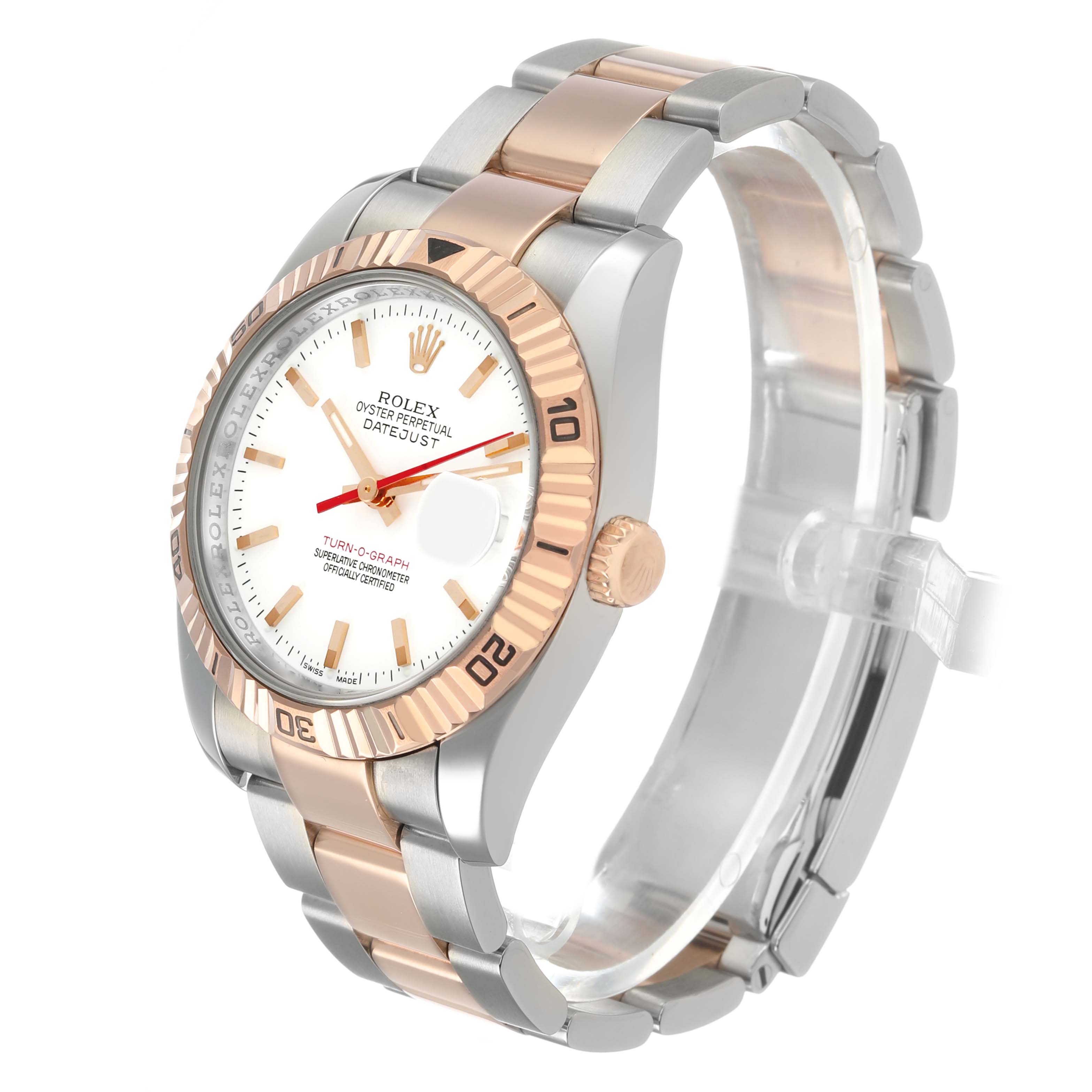 The Rolex Turn-o-Graph 116261 Men's Steel and Gold (two tone) White Dial watch is shown at an angled side view, highlighting its bezel, bracelet, and watch face.