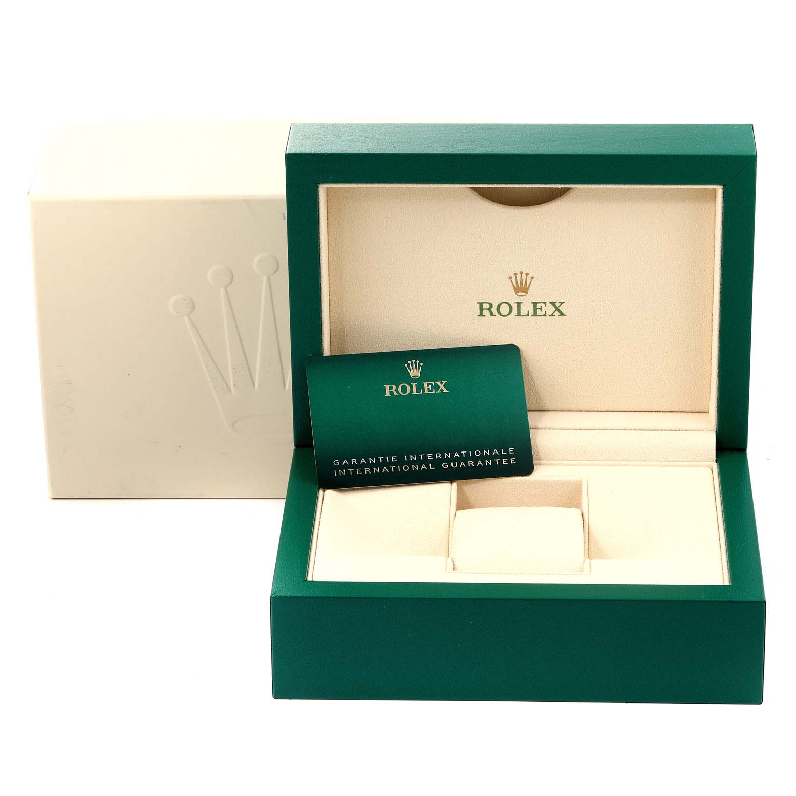 The image shows an open Rolex Datejust 126200 Men
s Stainless Steel White Dial 126200 Men
s Stainless Steel White Dial watch box with the guarantee card inside.