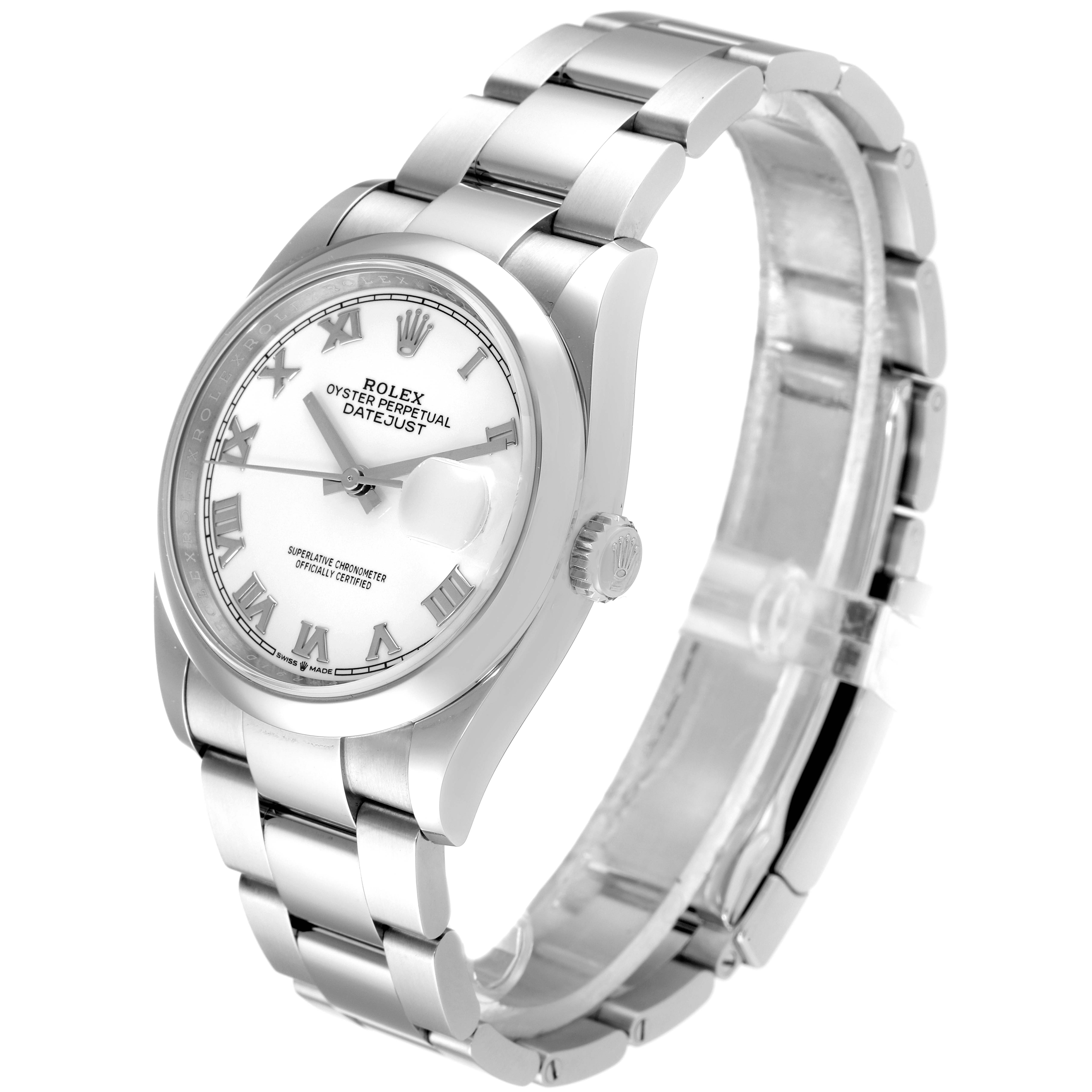 This image shows a Rolex Datejust 126200 Men
s Stainless Steel White Dial 126200 Men
s Stainless Steel White Dial watch angled to display its white dial, Roman numerals, and stainless steel bracelet.