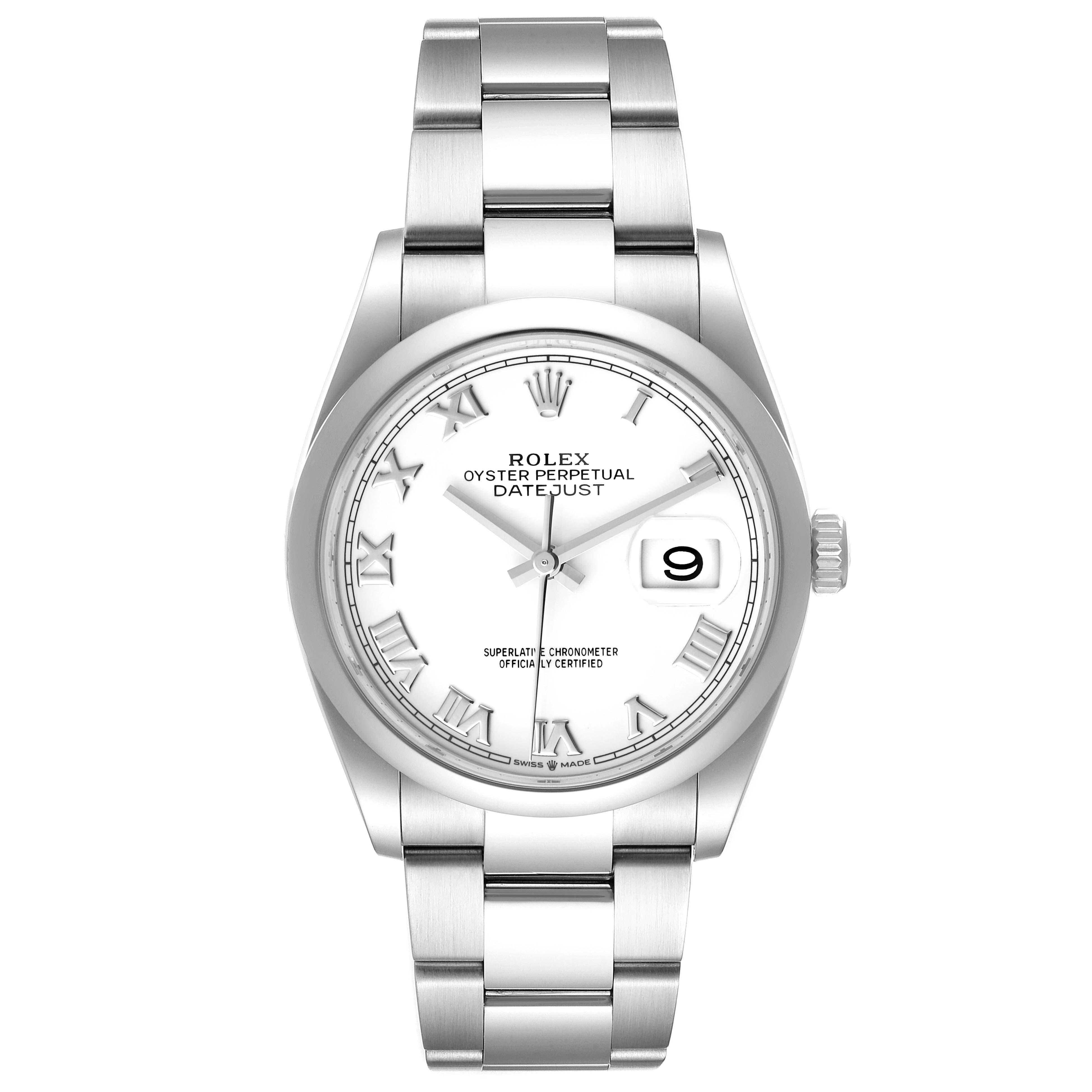 The Rolex Datejust 126200 Men
s Stainless Steel White Dial 126200 Men
s Stainless Steel White Dial watch is shown from the front, displaying its bracelet, dial, hands, Roman numerals, and date window.