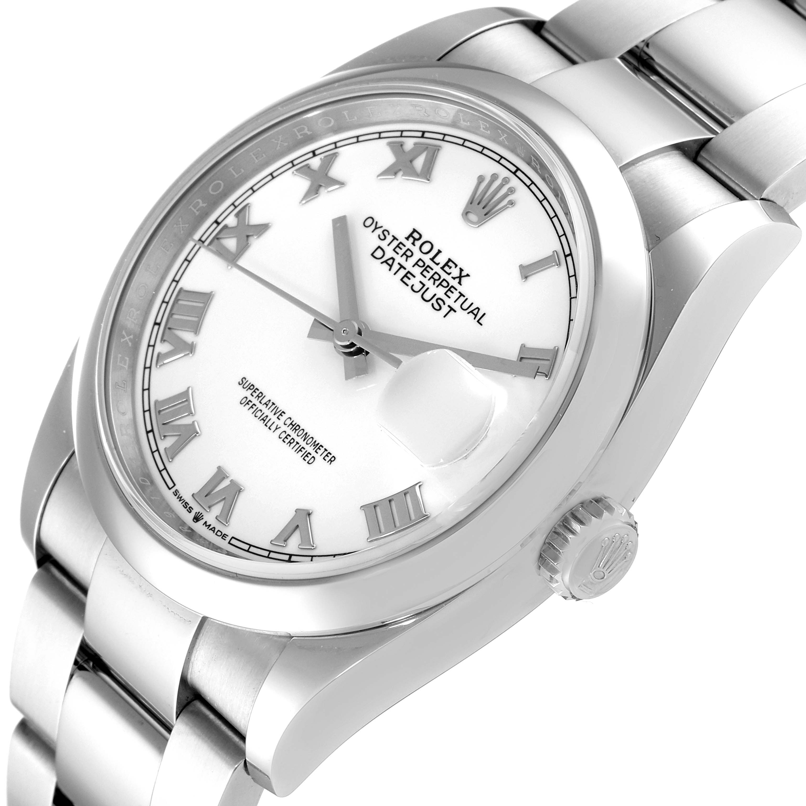 The image shows a Rolex Datejust 126200 Men
s Stainless Steel White Dial 126200 Men
s Stainless Steel White Dial watch at an angle highlighting its face, crown, and part of the bracelet.