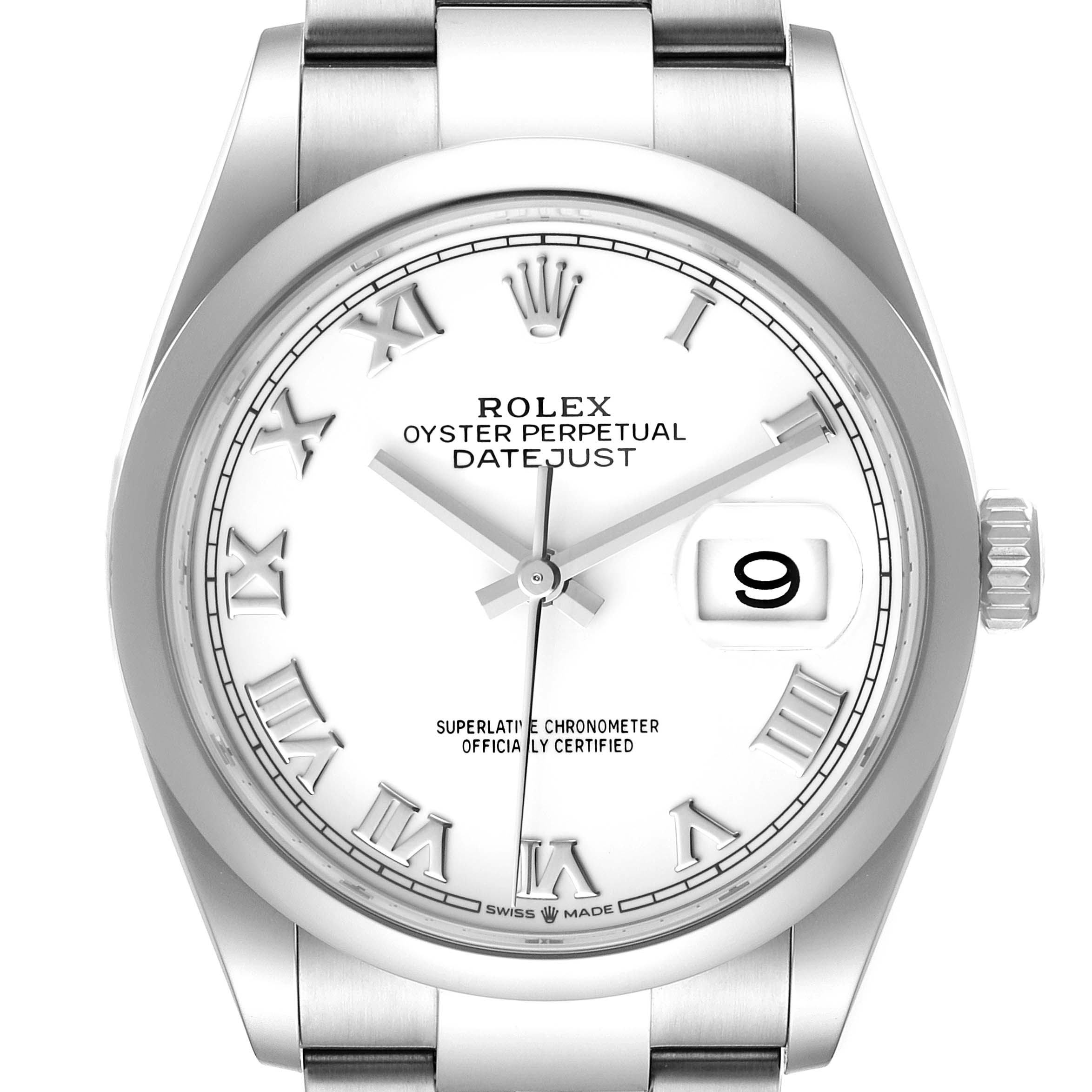 This image shows a front view of a Rolex Datejust 126200 Men
s Stainless Steel White Dial 126200 Men
s Stainless Steel White Dial watch, highlighting its white dial, Roman numerals, and date window.