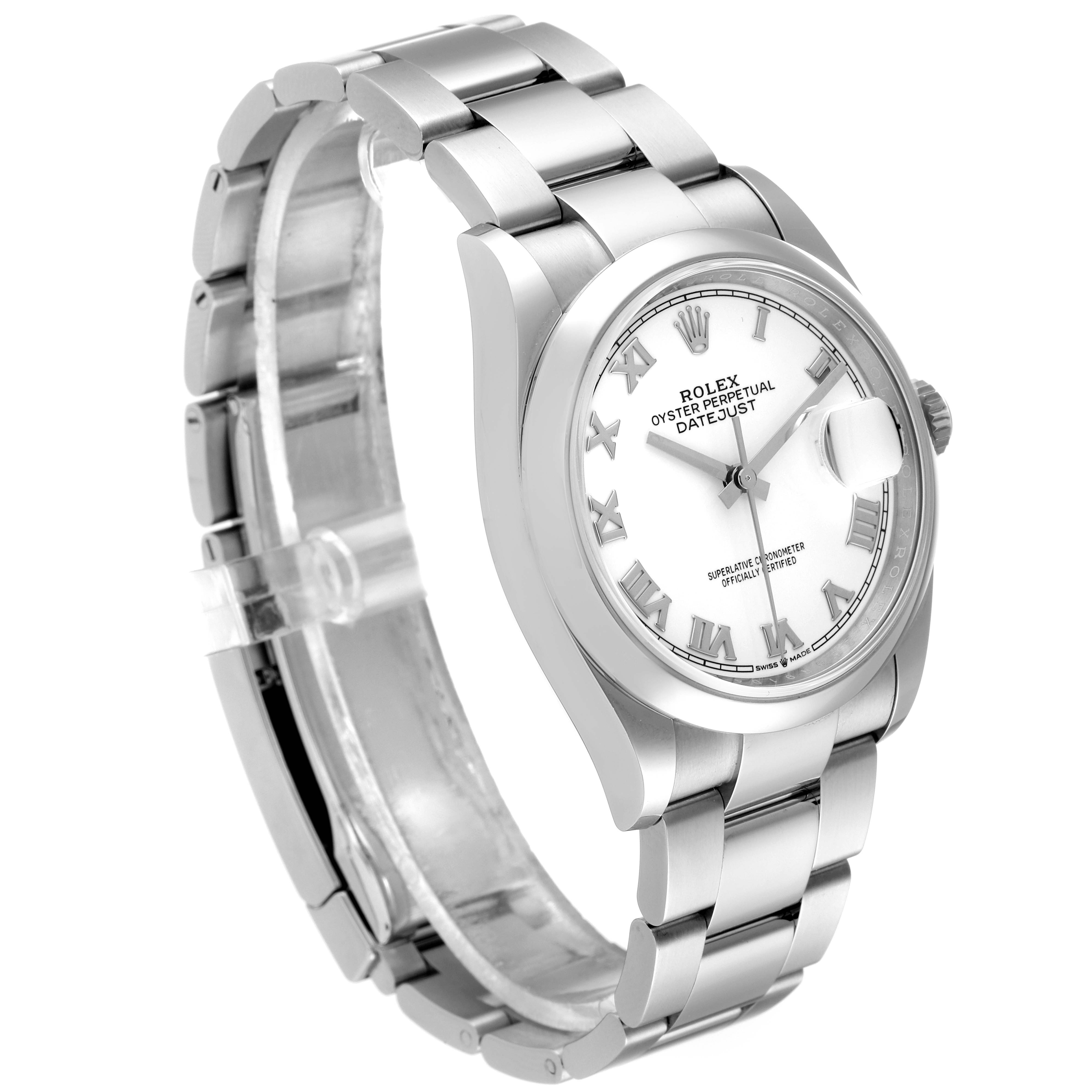 The image shows a side angle of the Rolex Datejust 126200 Men
s Stainless Steel White Dial 126200 Men
s Stainless Steel White Dial watch, highlighting its bracelet, case, and dial.