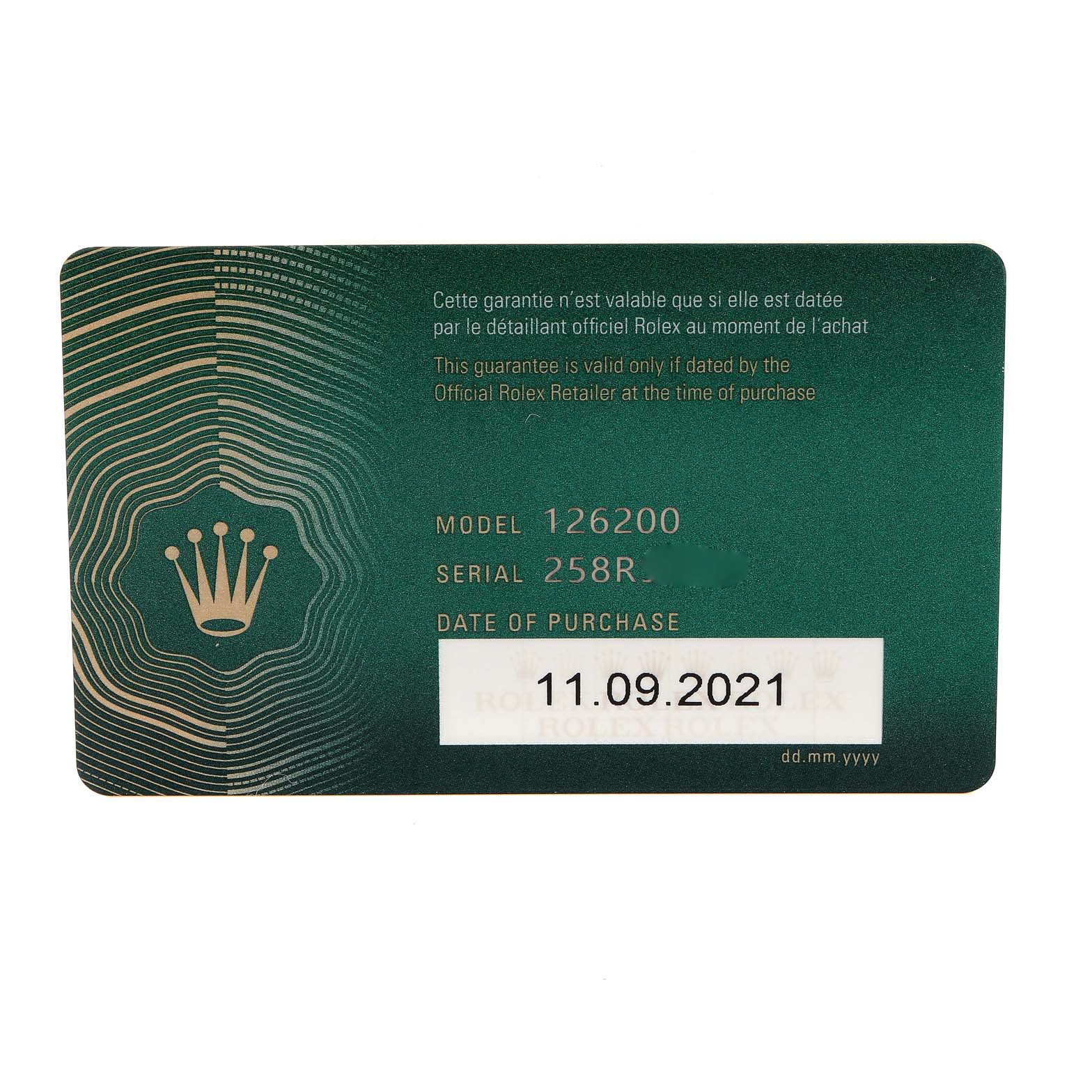 The image shows the warranty card for the Rolex Datejust 126200 Men
s Stainless Steel White Dial 126200 Men
s Stainless Steel White Dial model 126200 with the purchase date 11.09.2021.