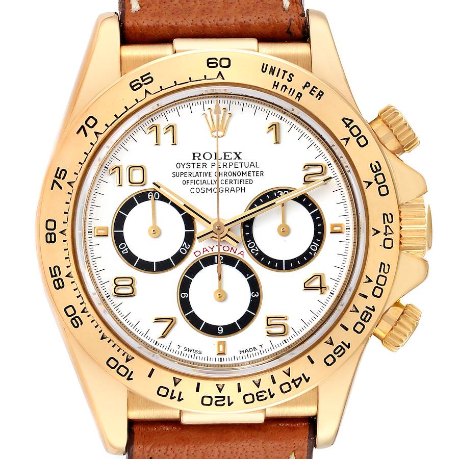 Rolex Daytona White Dial Brown Strap Yellow Gold Mens Watch 16518 SwissWatchExpo