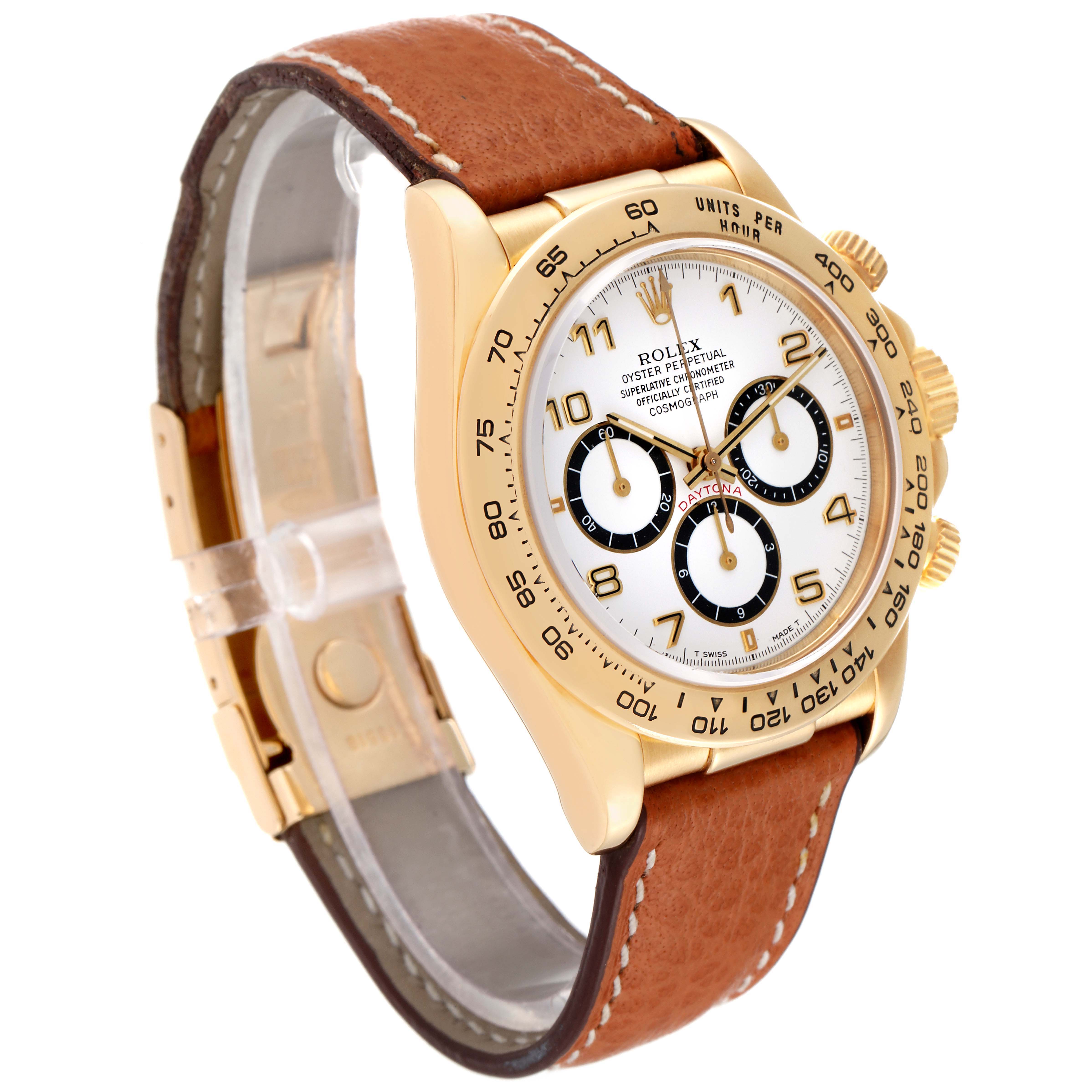The Rolex Daytona 16518 Men's Yellow Gold White Dial 16518 Men's Yellow Gold White Dial watch is shown at a slight angle, displaying the face, bezel, crown, and partially open leather strap.