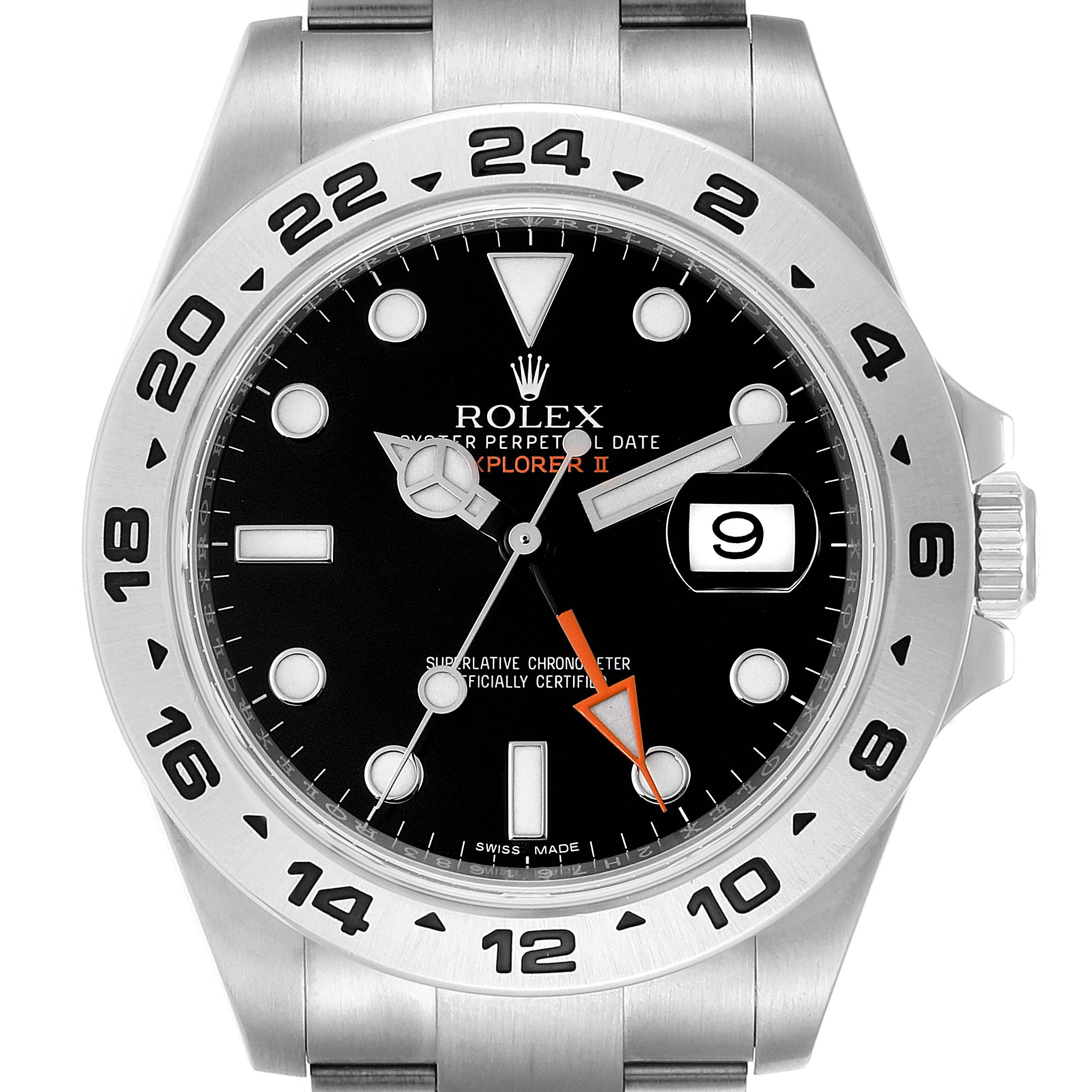The image shows a front view of the Rolex Explorer 216570 Men's Stainless Steel Black Dial 216570 Men's Stainless Steel Black Dial II, highlighting its dial, bezel, hands, and date window.