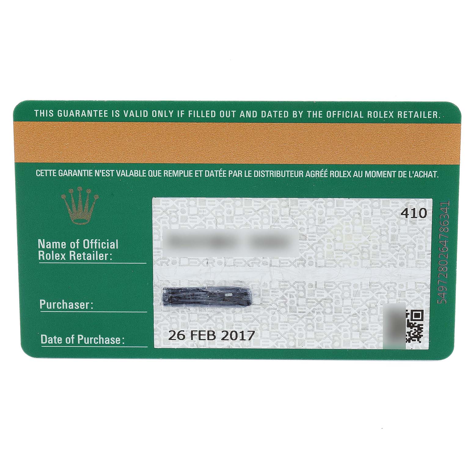 This image shows a warranty card for a Rolex Explorer 216570 Men's Stainless Steel Black Dial 216570 Men's Stainless Steel Black Dial model, including purchase date and official retailer details.