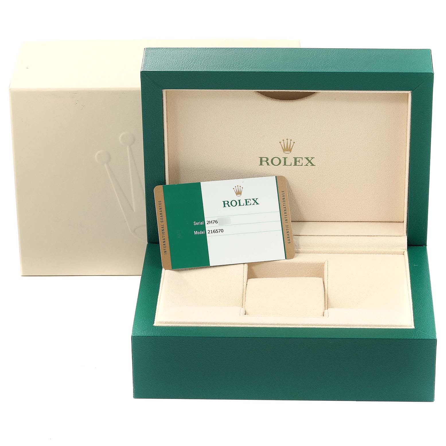 The image shows the open box and warranty card for a Rolex Explorer 216570 Men's Stainless Steel Black Dial 216570 Men's Stainless Steel Black Dial model watch.