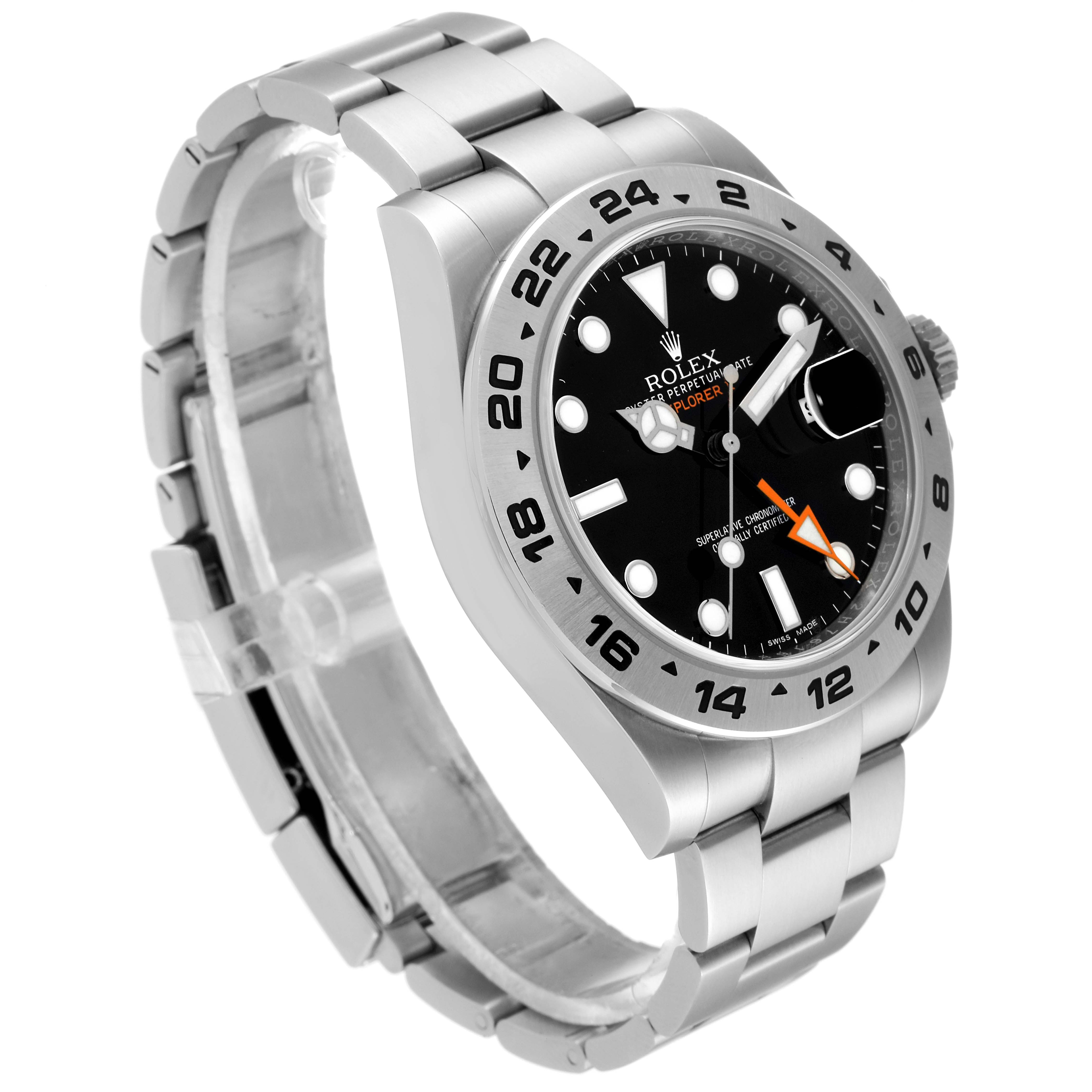 This image shows a side-angle view of a Rolex Explorer 216570 Men's Stainless Steel Black Dial 216570 Men's Stainless Steel Black Dial watch, highlighting the bracelet, dial, bezel, case, and crown.