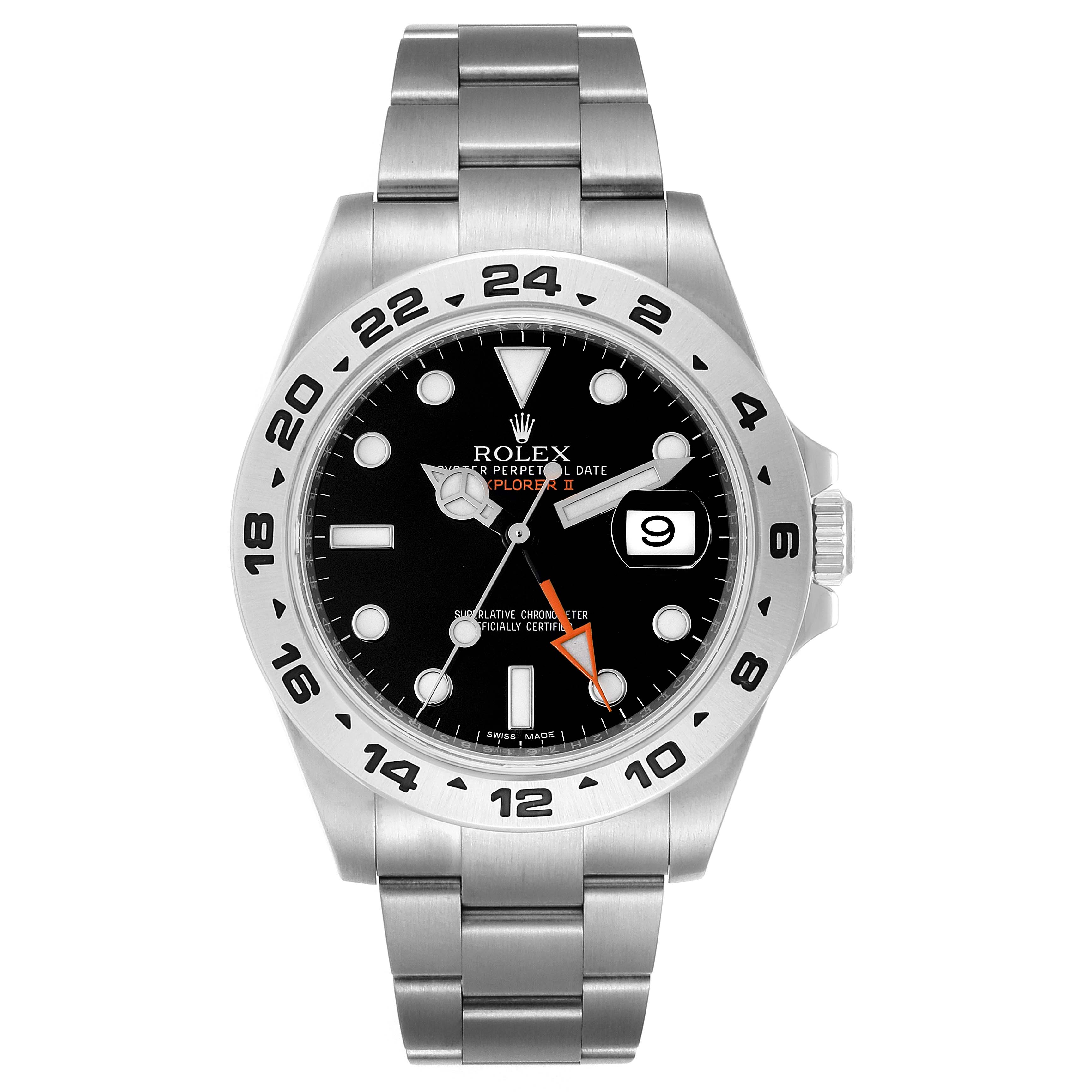The image shows a front view of a Rolex Explorer 216570 Men's Stainless Steel Black Dial 216570 Men's Stainless Steel Black Dial watch with its stainless steel bracelet, black dial, and date window.