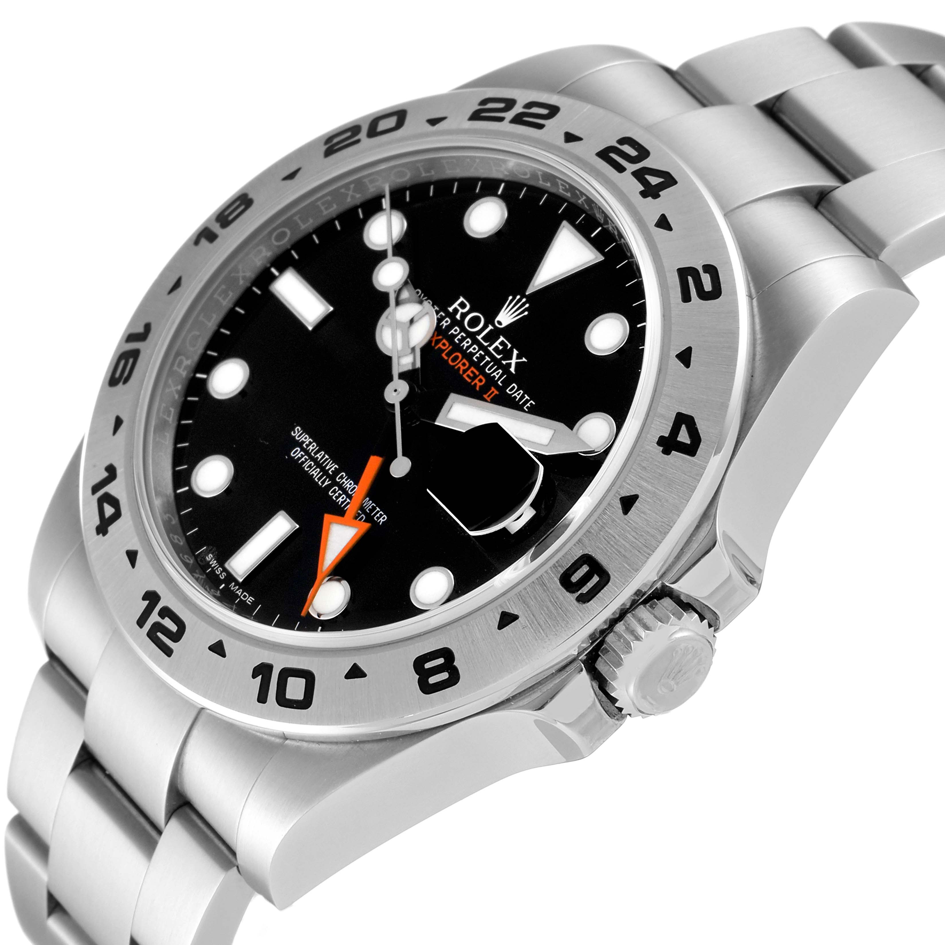 The Rolex Explorer 216570 Men's Stainless Steel Black Dial 216570 Men's Stainless Steel Black Dial watch is shown at an angle highlighting the dial, bezel with 24-hour markers, crown, and part of the bracelet.