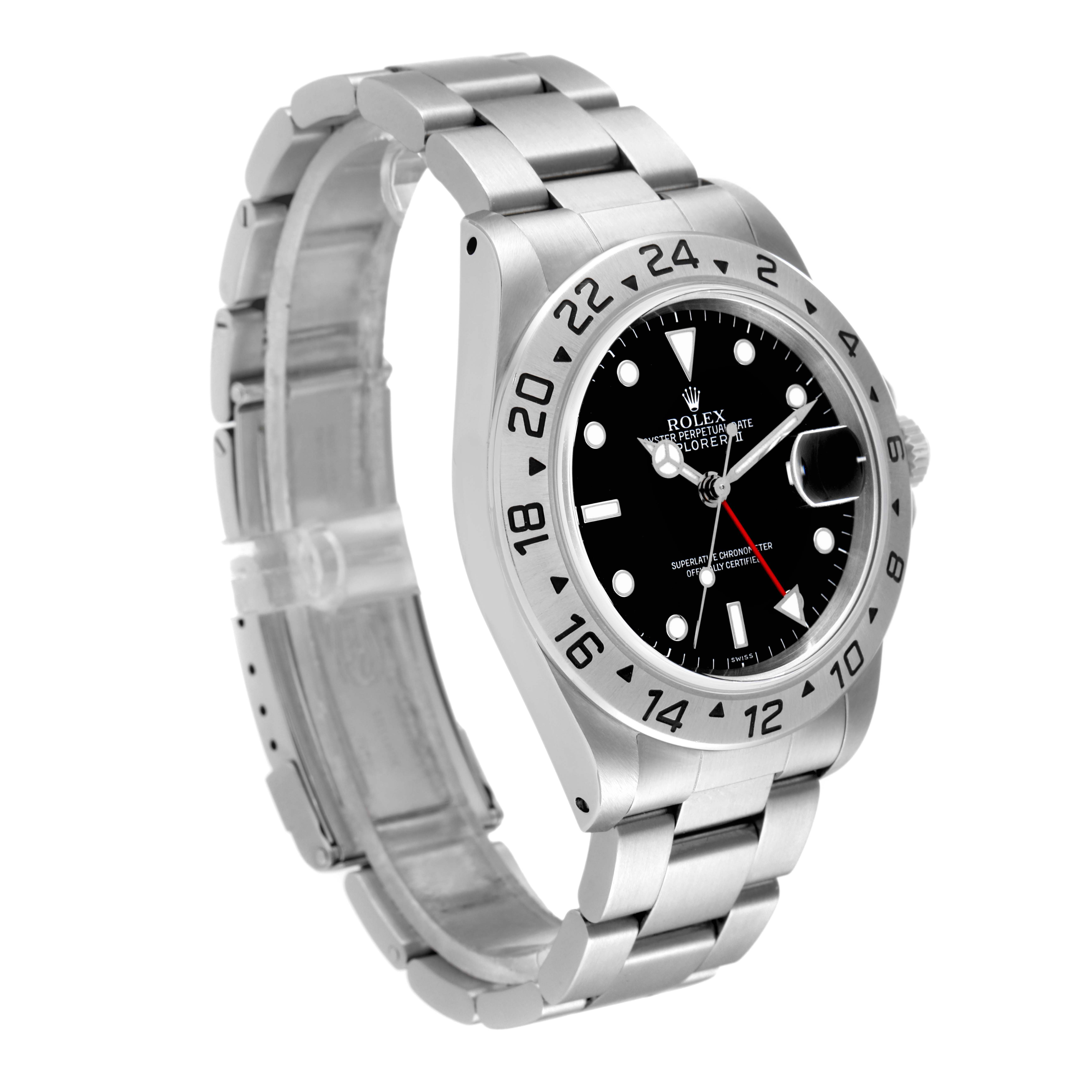 The Rolex Explorer 16570 Men's Stainless Steel Black Dial 16570 Men's Stainless Steel Black Dial watch is shown at an angled side view, highlighting the bezel, dial, bracelet, and clasp.