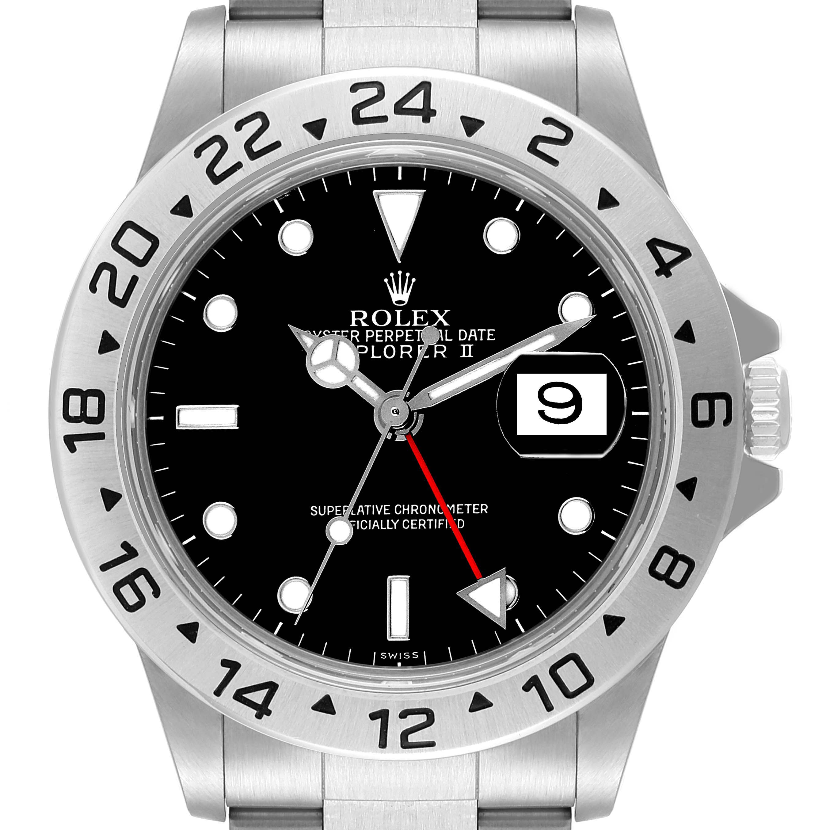 This image shows a front view of a Rolex Explorer 16570 Men's Stainless Steel Black Dial 16570 Men's Stainless Steel Black Dial watch, highlighting the dial, bezel, and part of the bracelet.