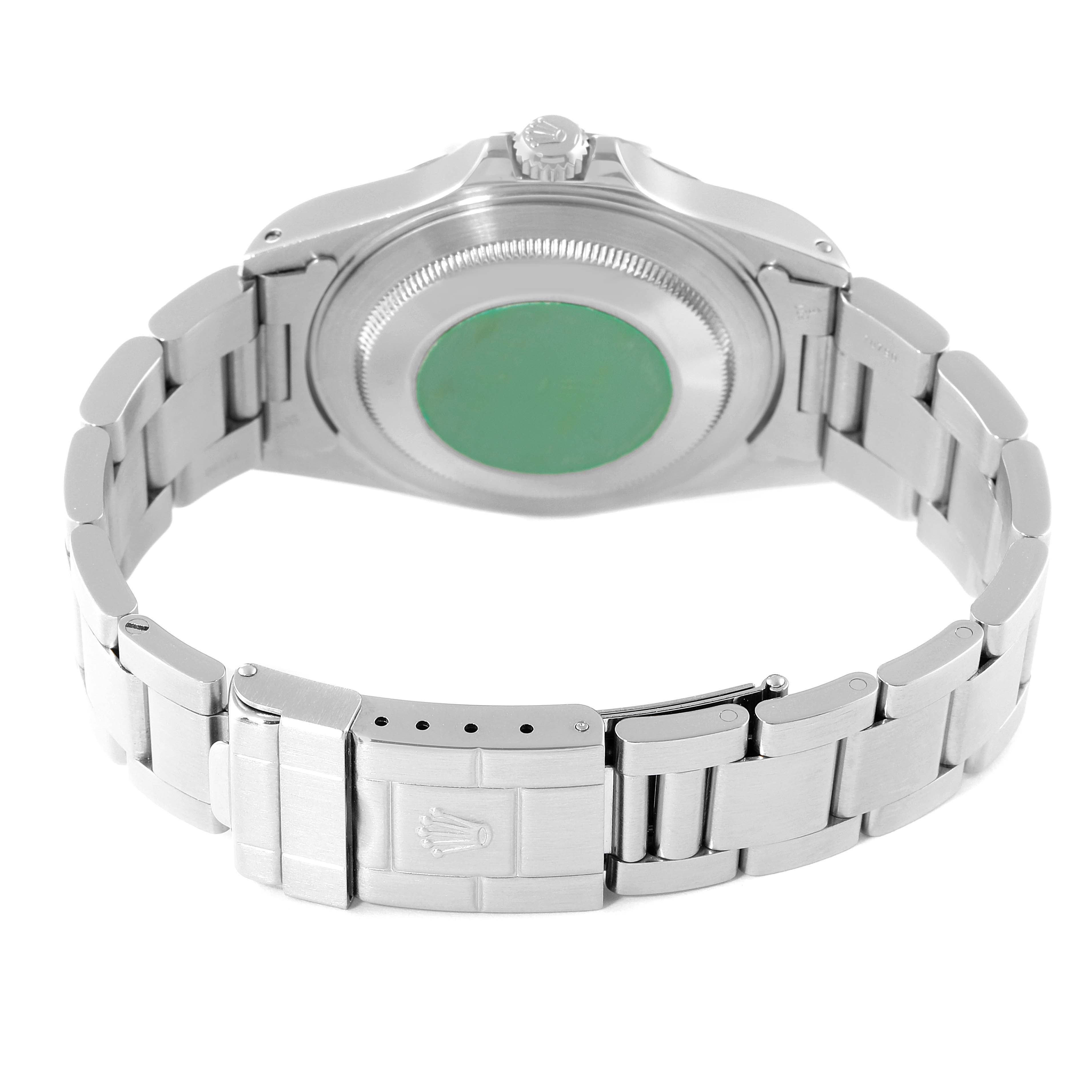 This image shows the back case and bracelet clasp of the Rolex Explorer 16570 Men's Stainless Steel Black Dial 16570 Men's Stainless Steel Black Dial watch.