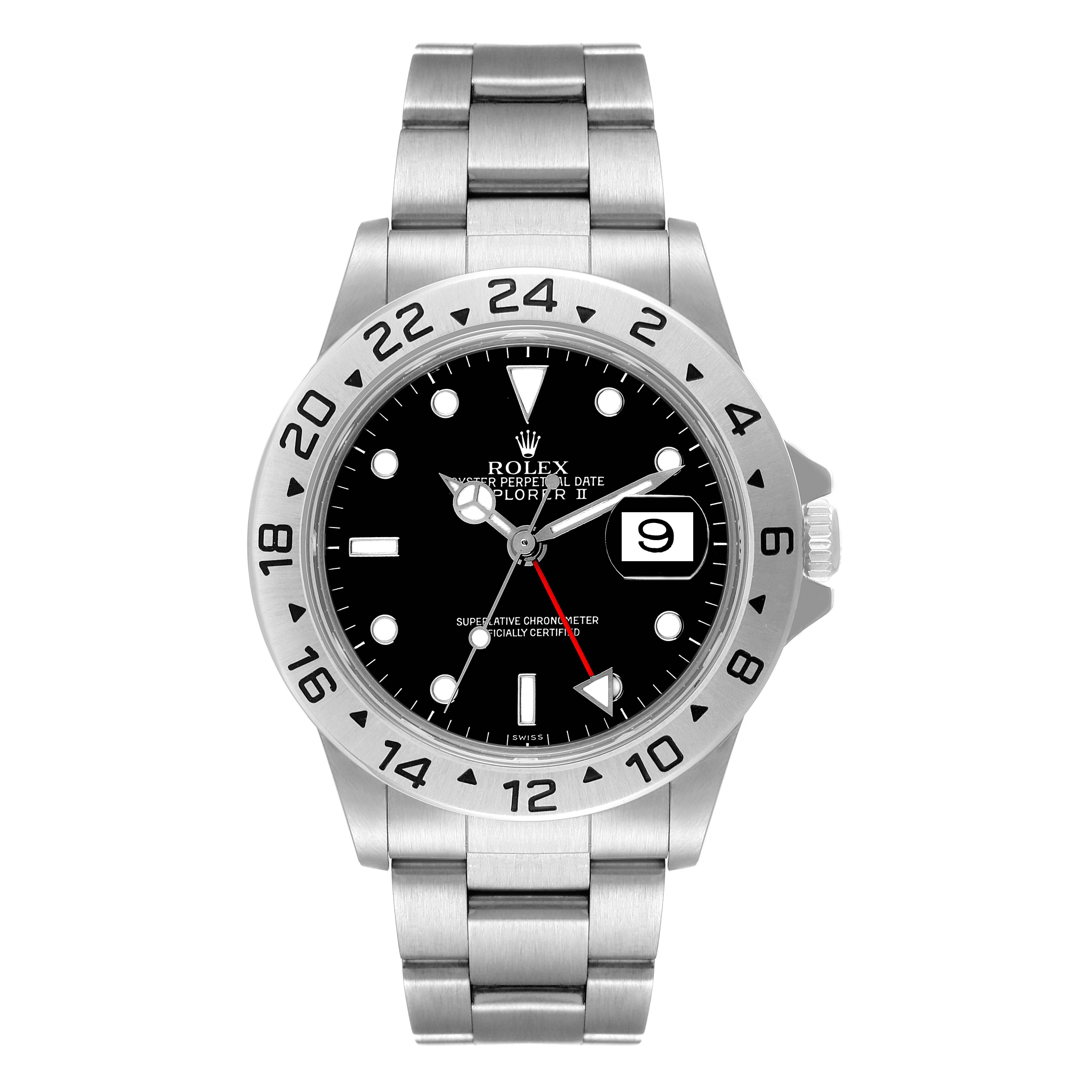 This image shows a front view of the Rolex Explorer 16570 Men's Stainless Steel Black Dial 16570 Men's Stainless Steel Black Dial watch, displaying the face, bezel, and bracelet.