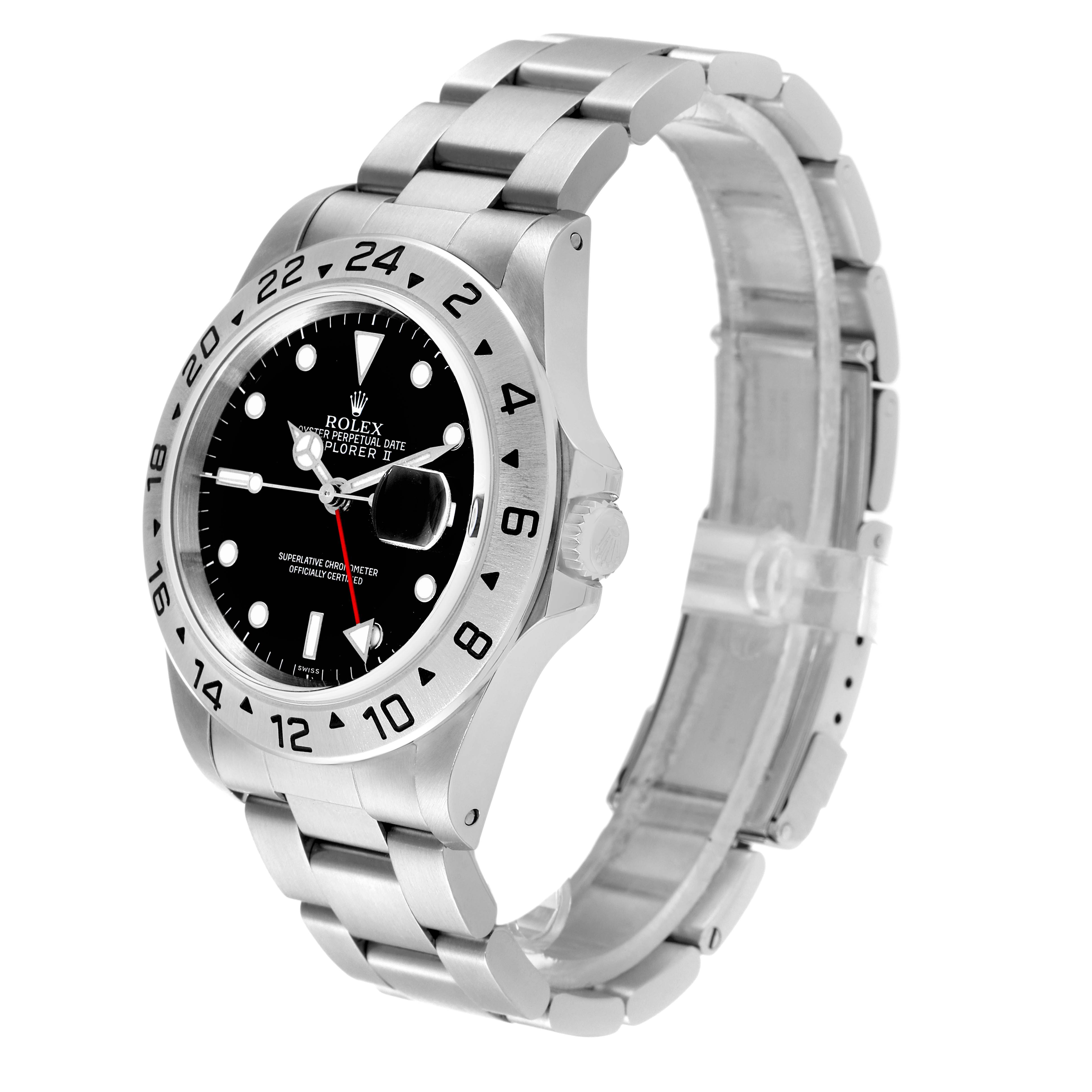 The Rolex Explorer 16570 Men's Stainless Steel Black Dial 16570 Men's Stainless Steel Black Dial watch is shown at a side angle highlighting the face, bezel, and bracelet with visible crown and links.