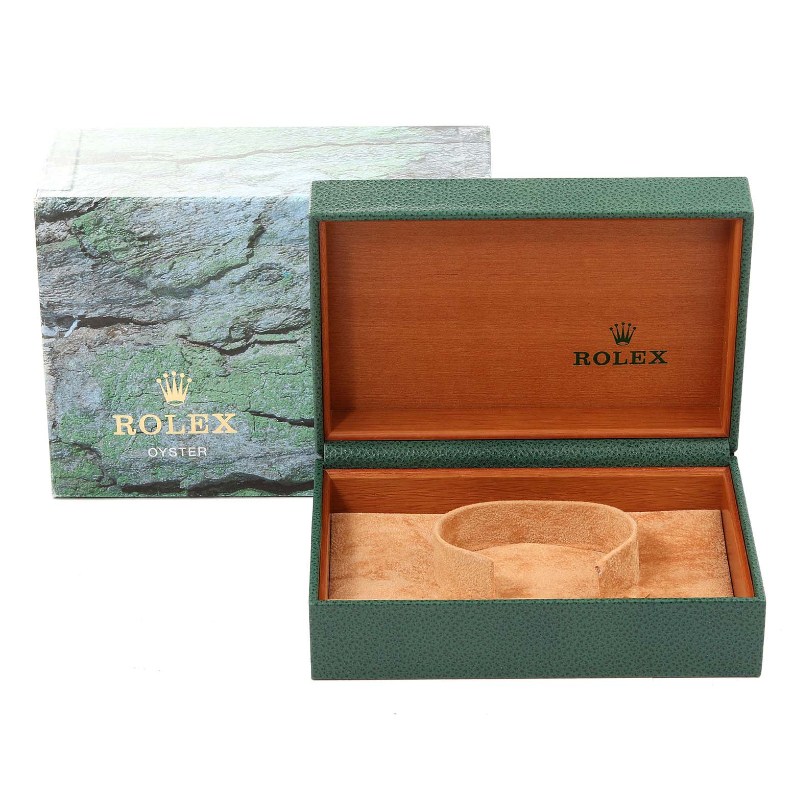 This image shows the box and cushion for a Rolex Explorer 16570 Men's Stainless Steel Black Dial 16570 Men's Stainless Steel Black Dial watch, photographed with the lid open and the exterior packaging.
