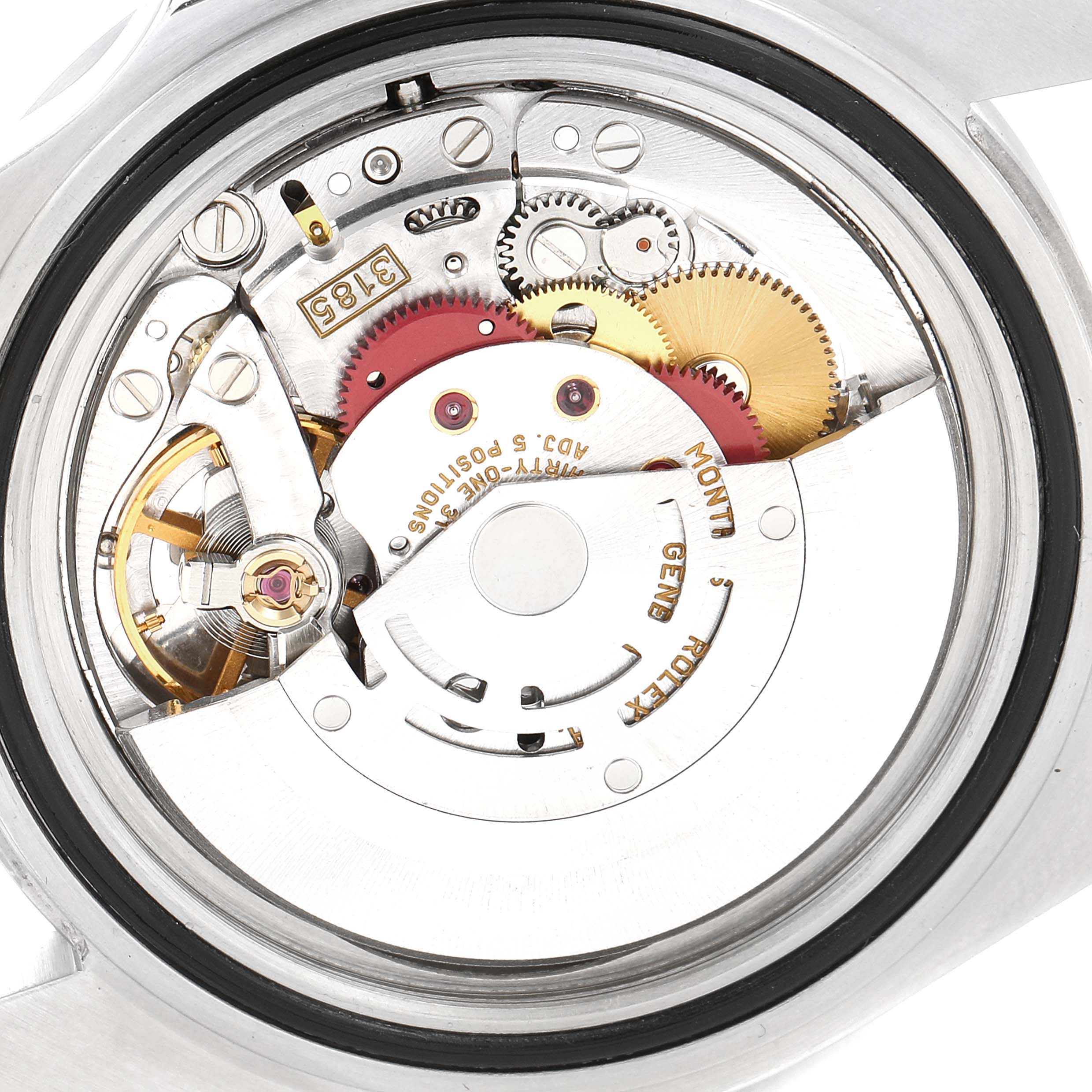 The image shows a close-up view of the internal mechanism of a Rolex Explorer 16570 Men's Stainless Steel Black Dial 16570 Men's Stainless Steel Black Dial watch.