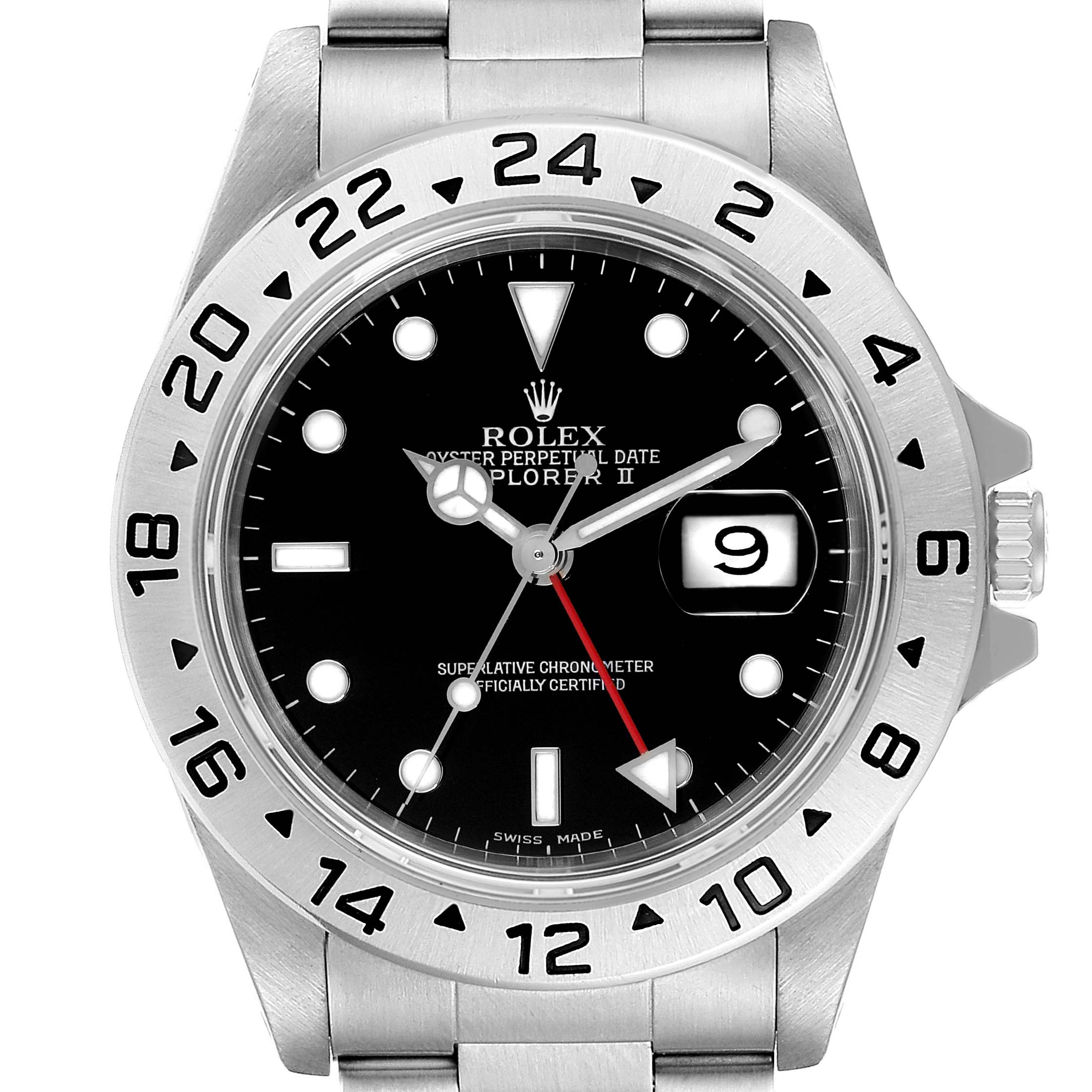 The image shows a front view of a Rolex Explorer 16570 Men's Stainless Steel Black Dial 16570 Men's Stainless Steel Black Dial watch, highlighting the bezel, dial, hands, and date window.