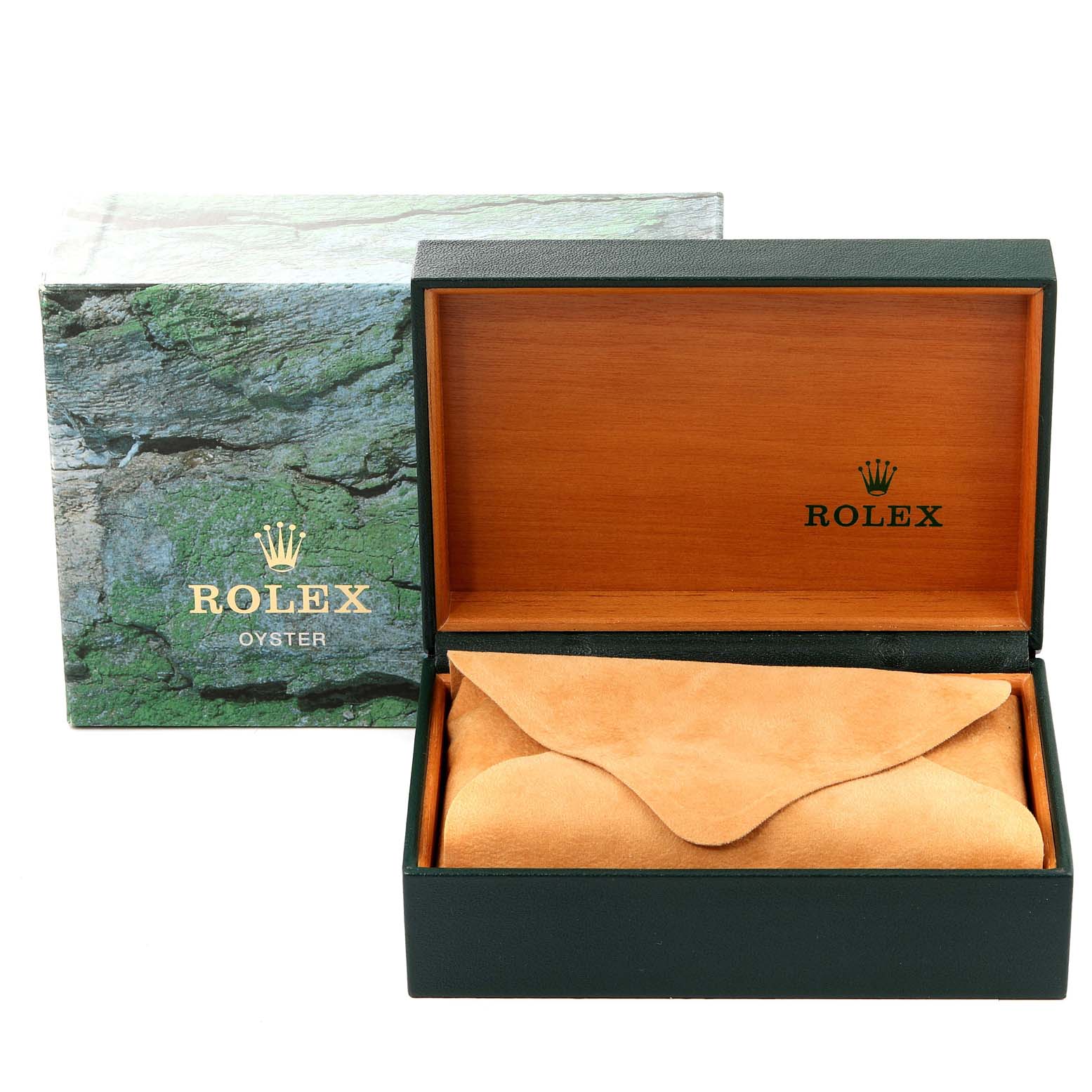 The image shows a Rolex Explorer 16570 Men's Stainless Steel Black Dial 16570 Men's Stainless Steel Black Dial model watch box and protective pouch at a front angle.