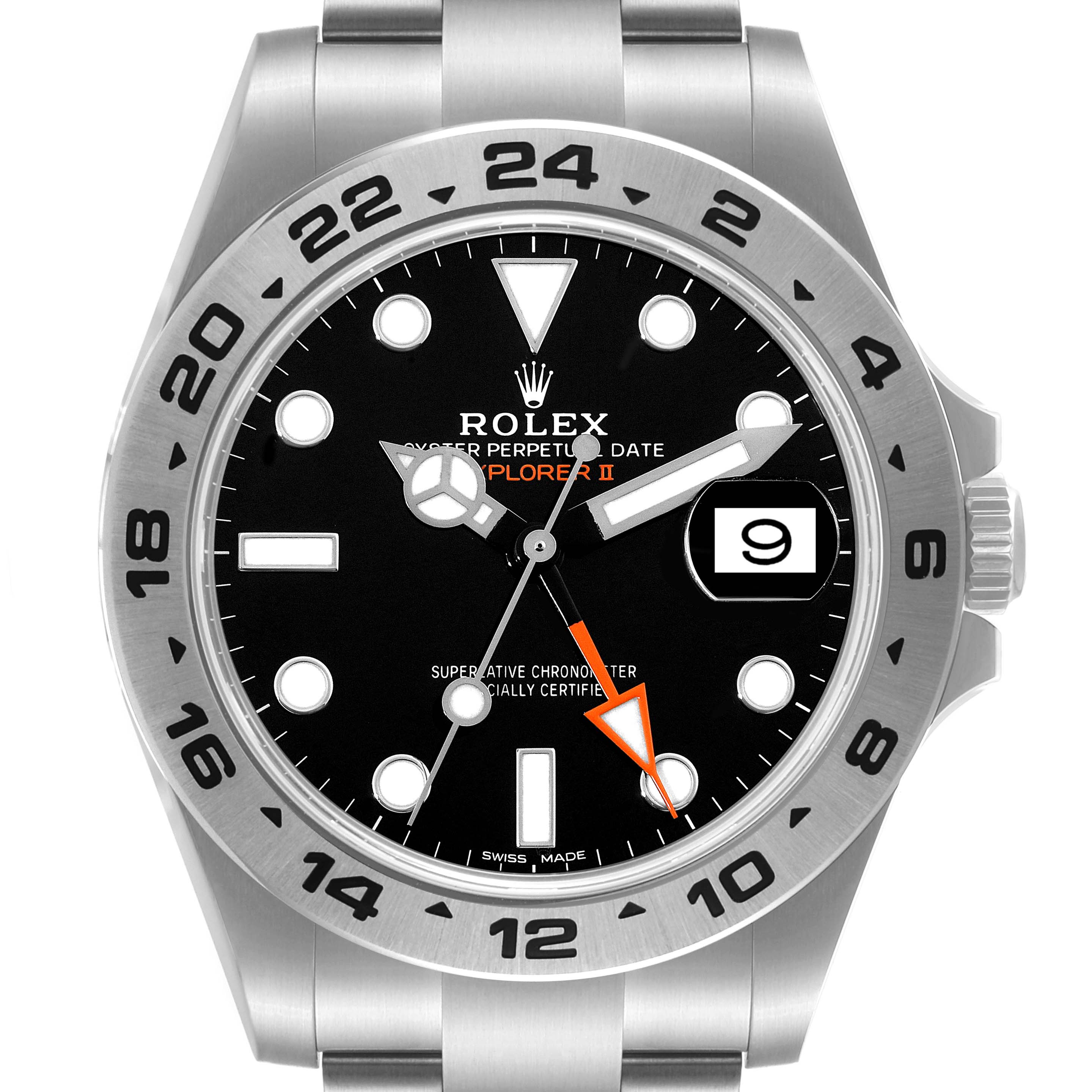 The image shows a frontal view of a Rolex Explorer 216570 Men
s Stainless Steel Black Dial 216570 Men
s Stainless Steel Black Dial watch, highlighting its black dial, date window, and 24-hour bezel.