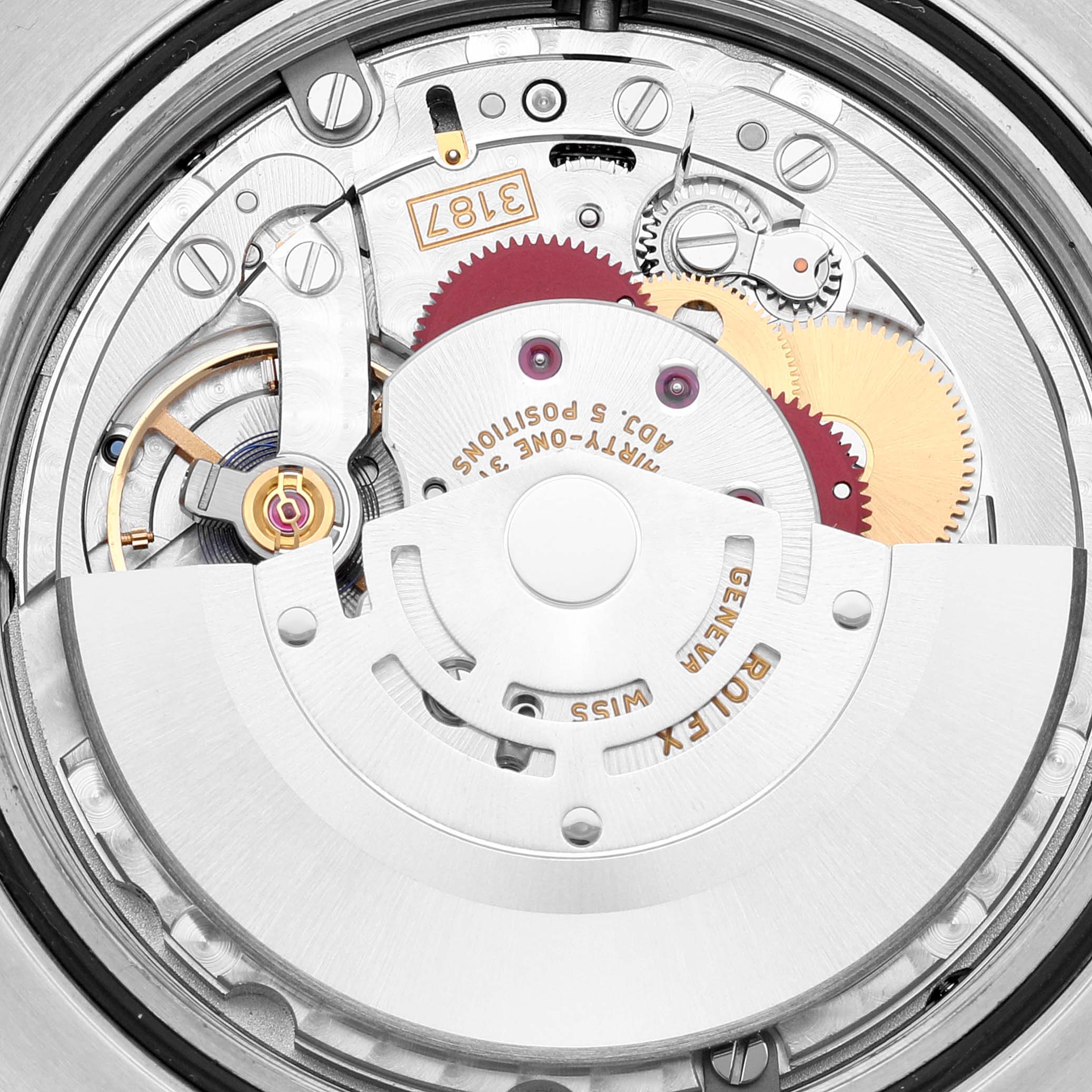 The image shows the intricate inner movement mechanism of a Rolex Explorer 216570 Men
s Stainless Steel Black Dial 216570 Men
s Stainless Steel Black Dial model watch from a close-up angle.