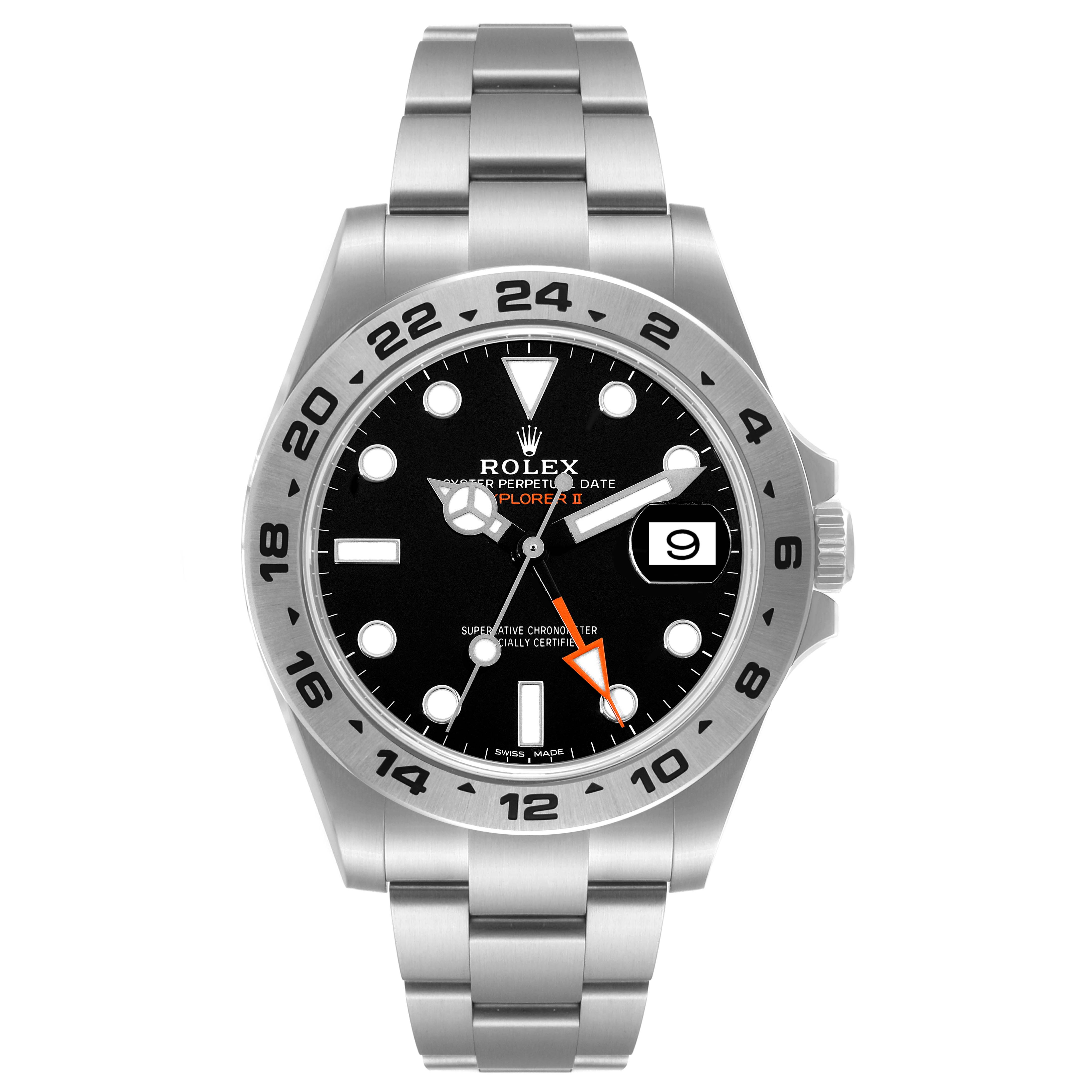 The image shows a front view of a Rolex Explorer 216570 Men
s Stainless Steel Black Dial 216570 Men
s Stainless Steel Black Dial watch, displaying its black dial, date window, and stainless steel bracelet.