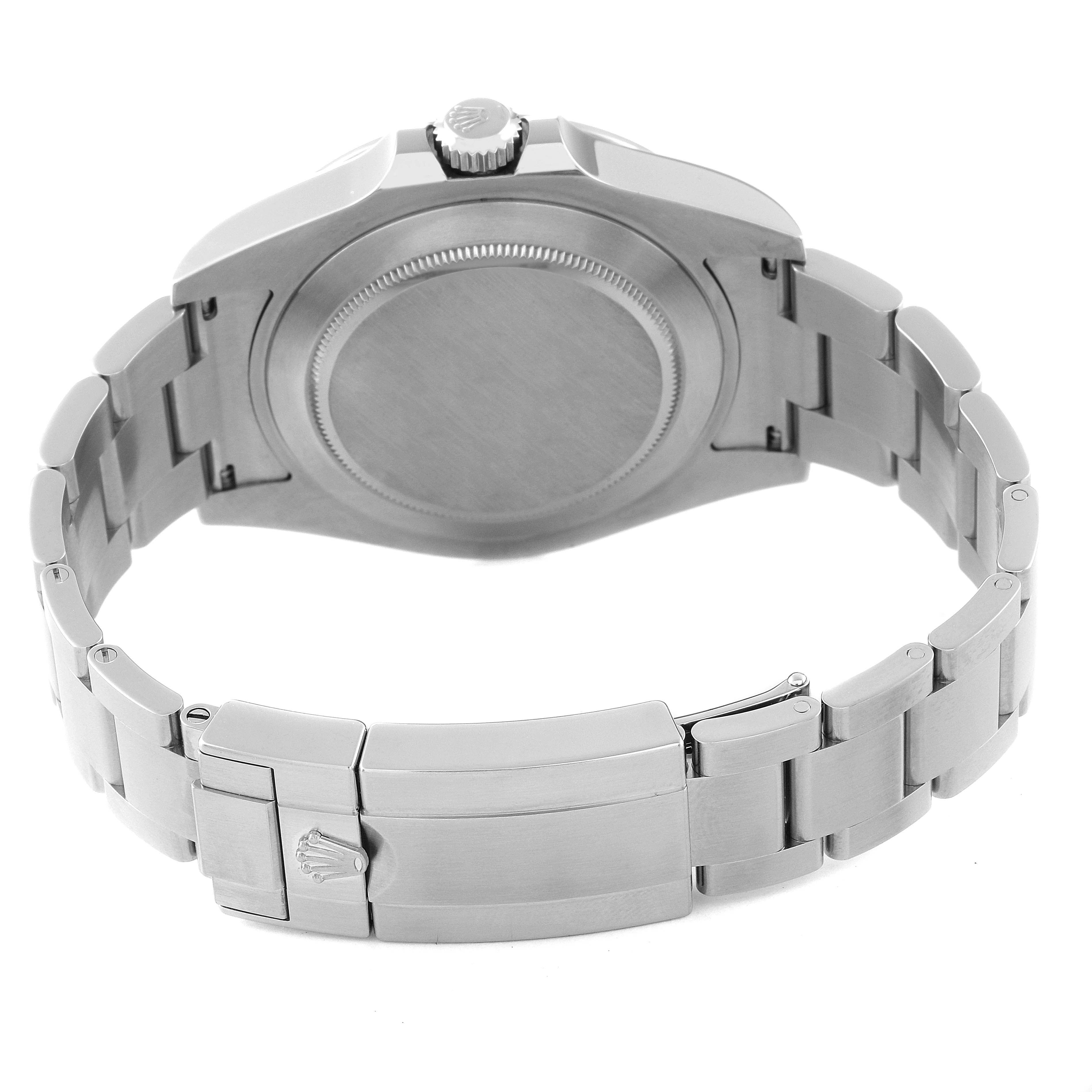 This image shows the back view of a Rolex Explorer 216570 Men
s Stainless Steel Black Dial 216570 Men
s Stainless Steel Black Dial watch, highlighting the case back, crown, and stainless steel bracelet.