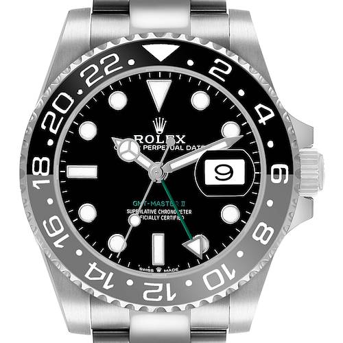 The image shows a front view of the Rolex GMT-Master 126710GRNR Men's Stainless Steel Black Dial II watch, highlighting the dial and bezel.