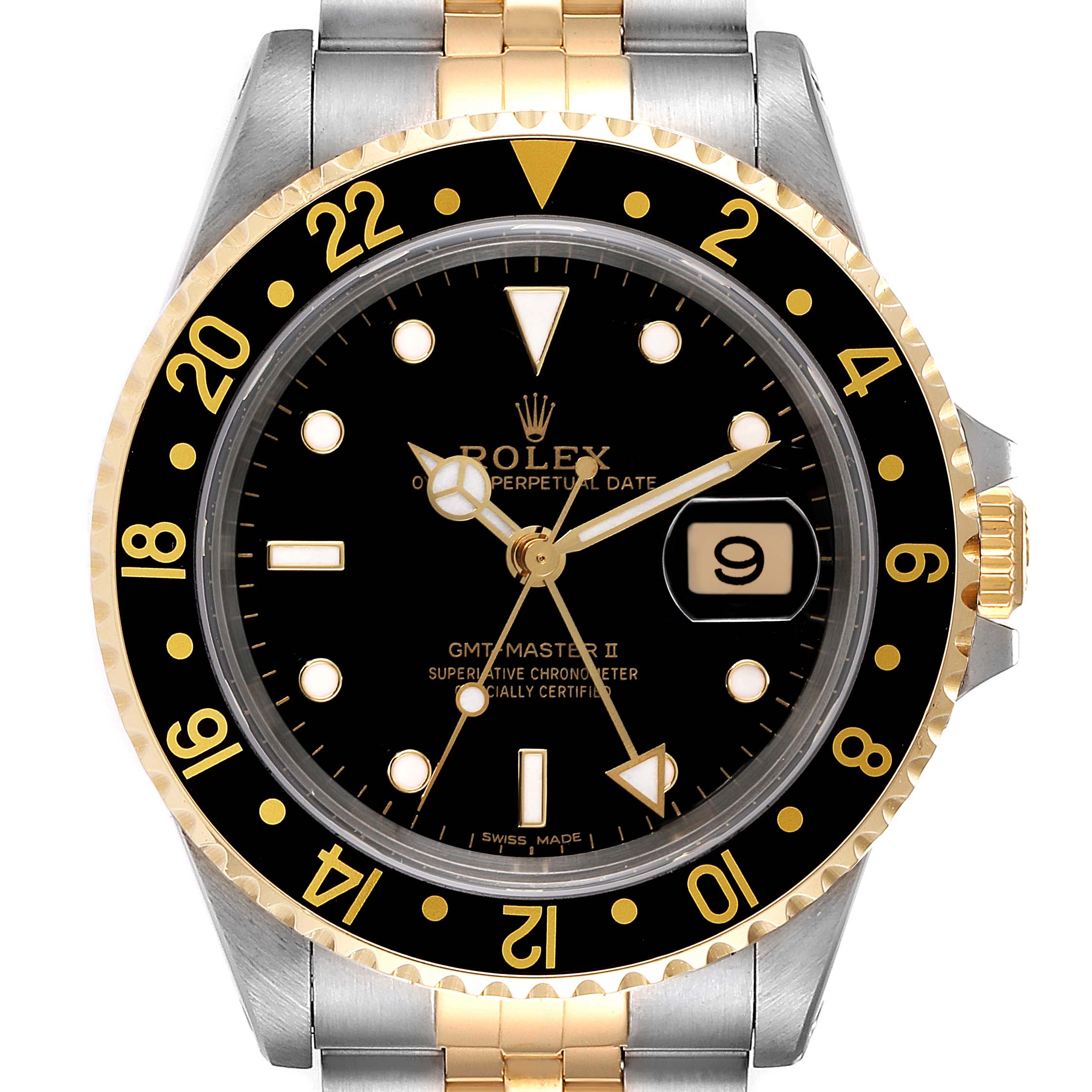 The image shows a front view of a Rolex GMT-Master 16713 Men's Steel and Gold (two tone) Black Dial 16713 Men's Steel and Gold (two tone) Black Dial II watch featuring a black dial and two-tone gold and stainless steel bracelet.
