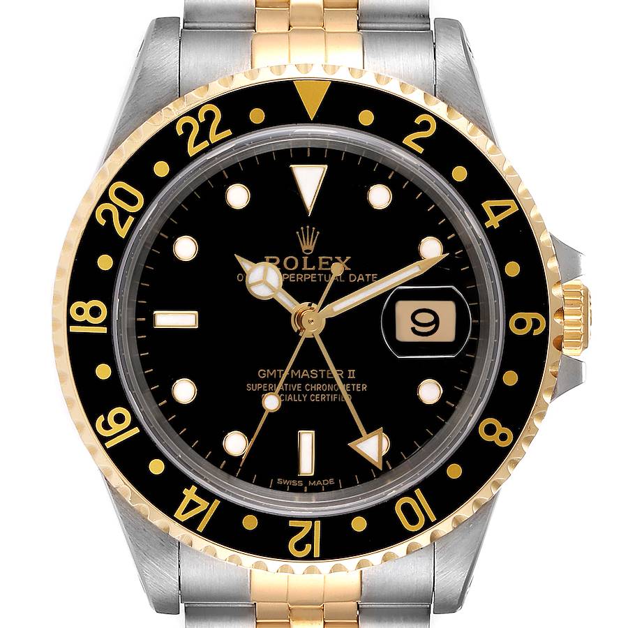 Rolex GMT Master II Yellow Gold Steel Jubilee Bracelet Watch 16713 Box Card SwissWatchExpo