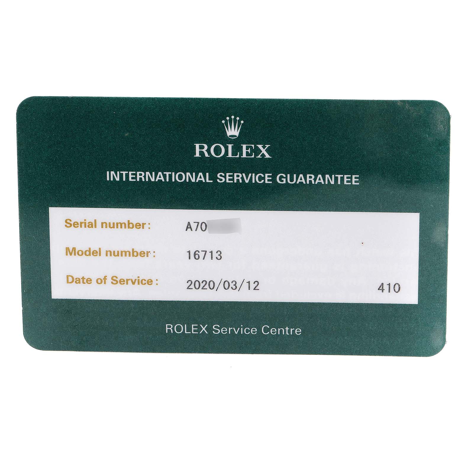 This image shows the International Service Guarantee card for a Rolex GMT-Master 16713 Men's Steel and Gold (two tone) Black Dial 16713 Men's Steel and Gold (two tone) Black Dial model 16713.